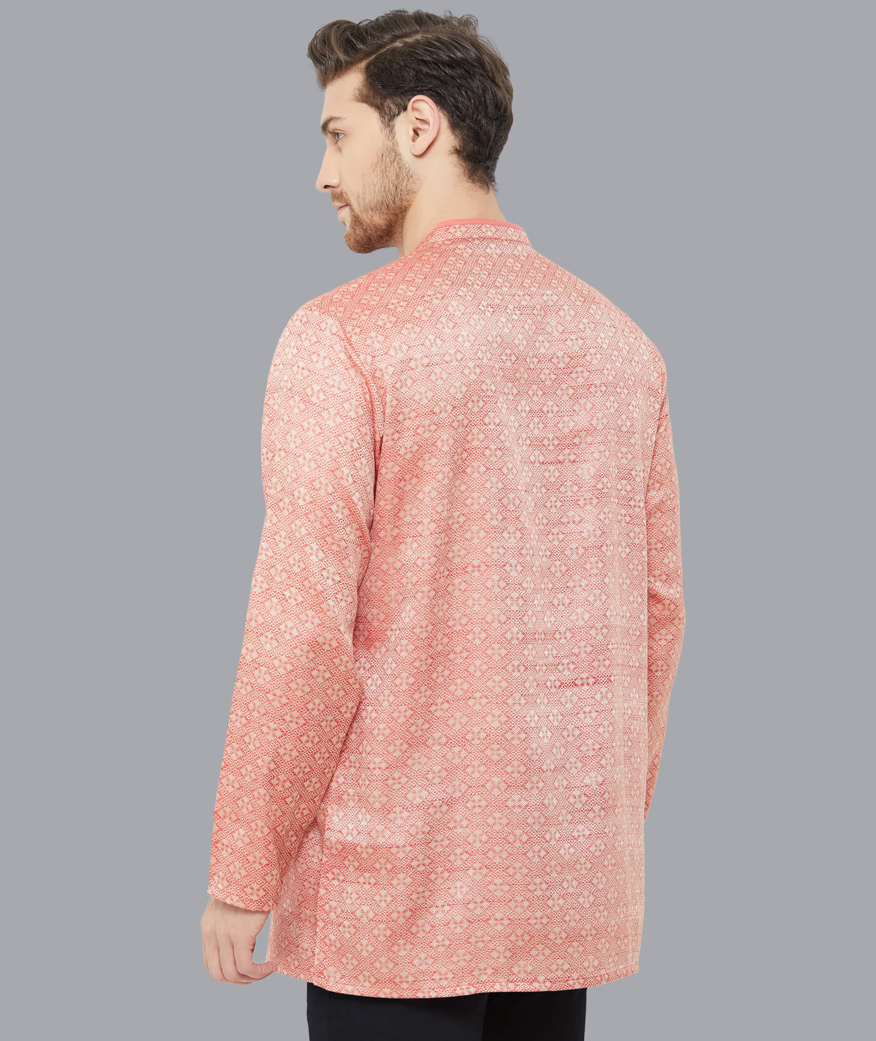 Crimson banarsi poly cotton Jacquard weave men short kurta - Image 2