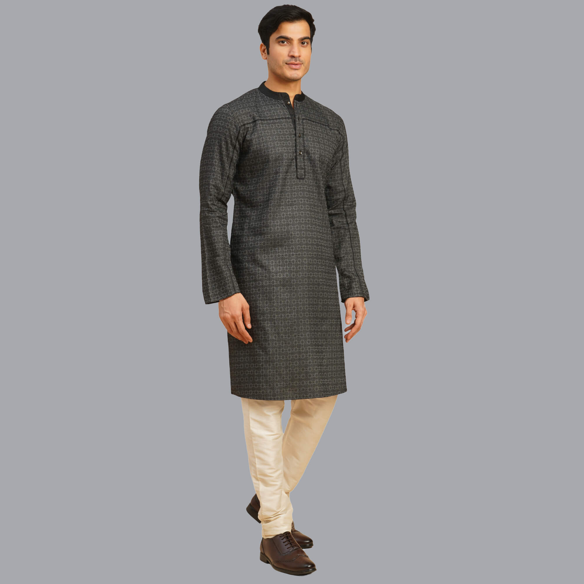 Black color Banarsi jacquard weave men long kurta - Image 2
