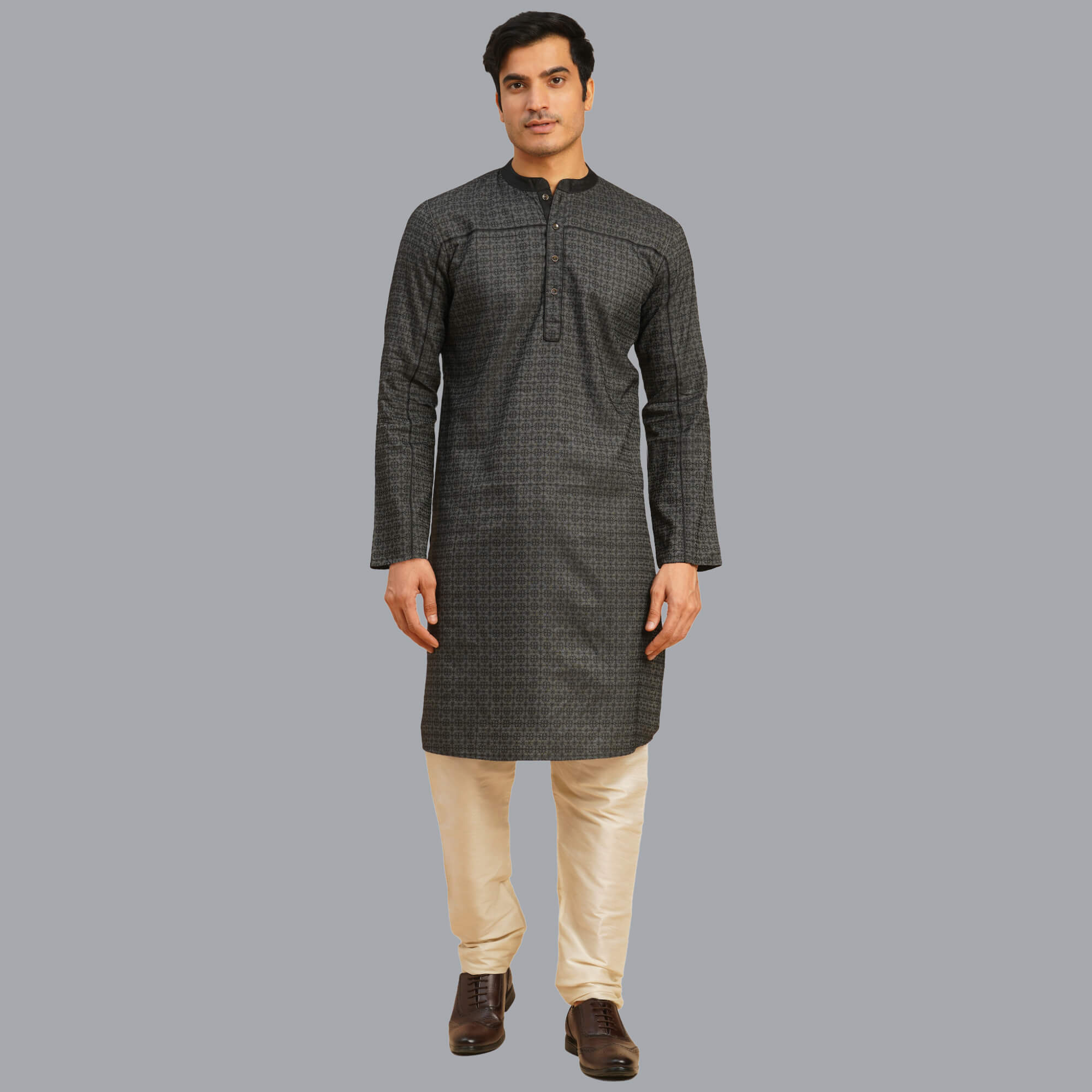 Black color Banarsi jacquard weave men long kurta