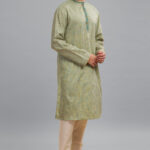 Green yellow checkers poly cotton hand block print men long kurta