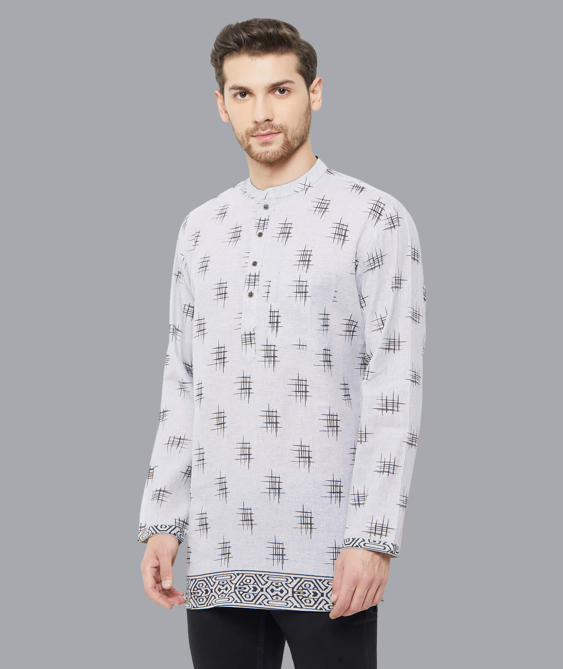 Grey color poly cotton hand block printed men short kurta - Image 2