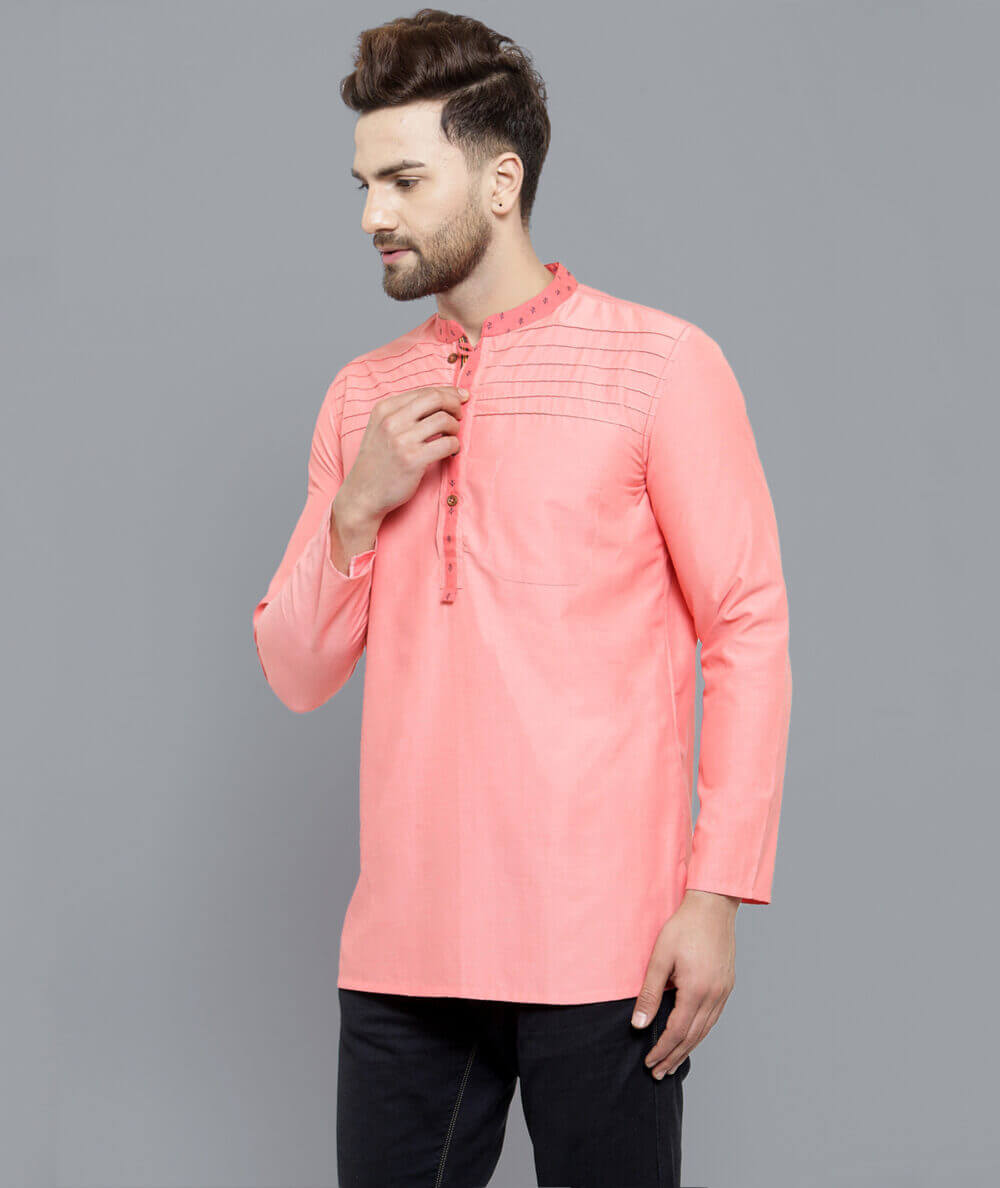 Peach color pin tucks poly cotton men short kurta - Image 2