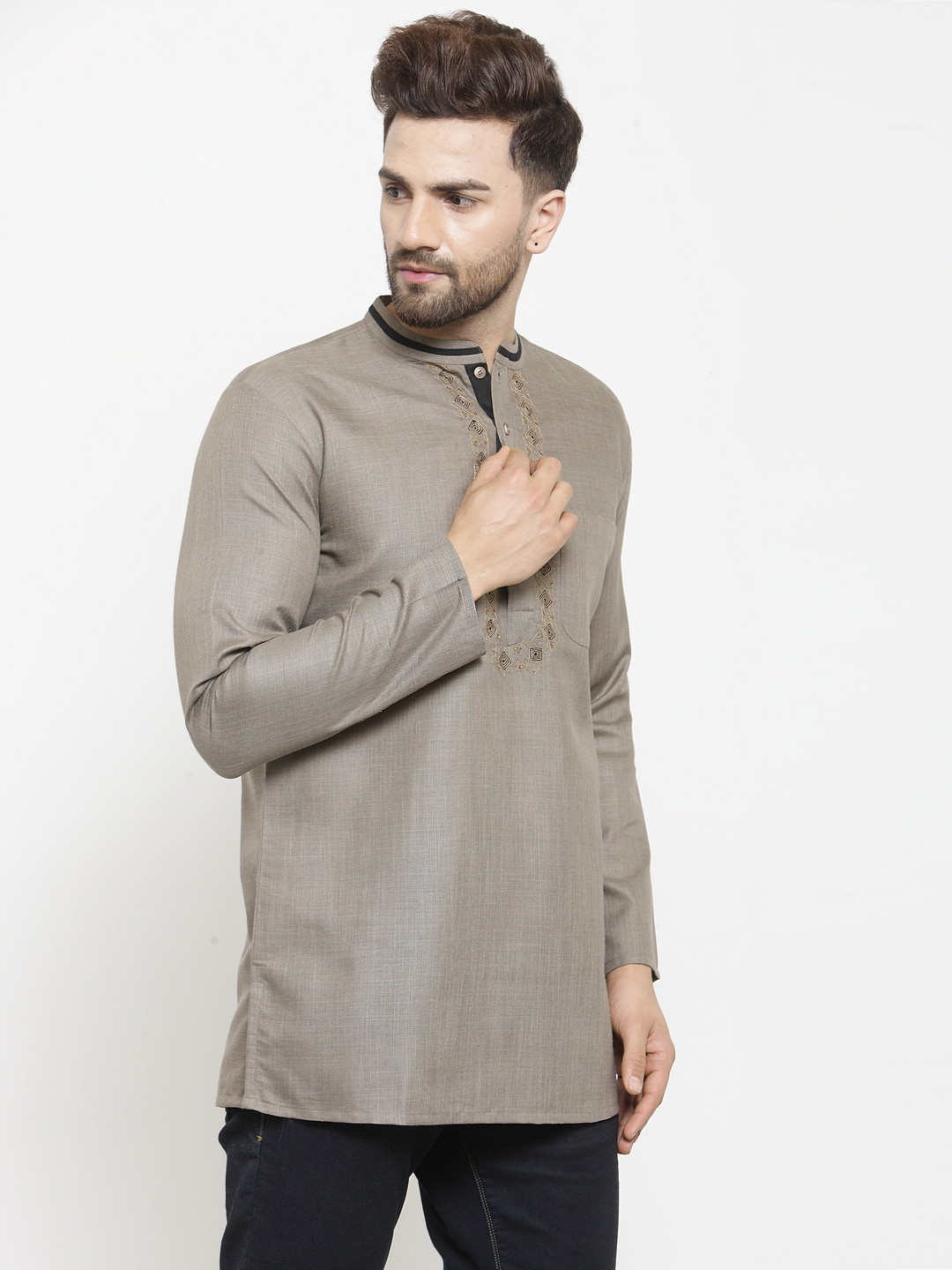 Rust color poly cotton embroidery gents short kurta - Image 2