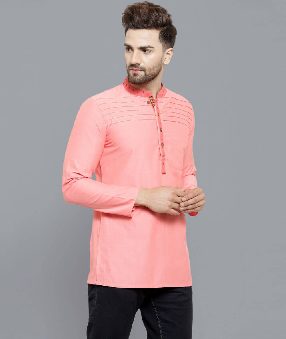 Peach color pin tucks poly cotton men short kurta - Image 6