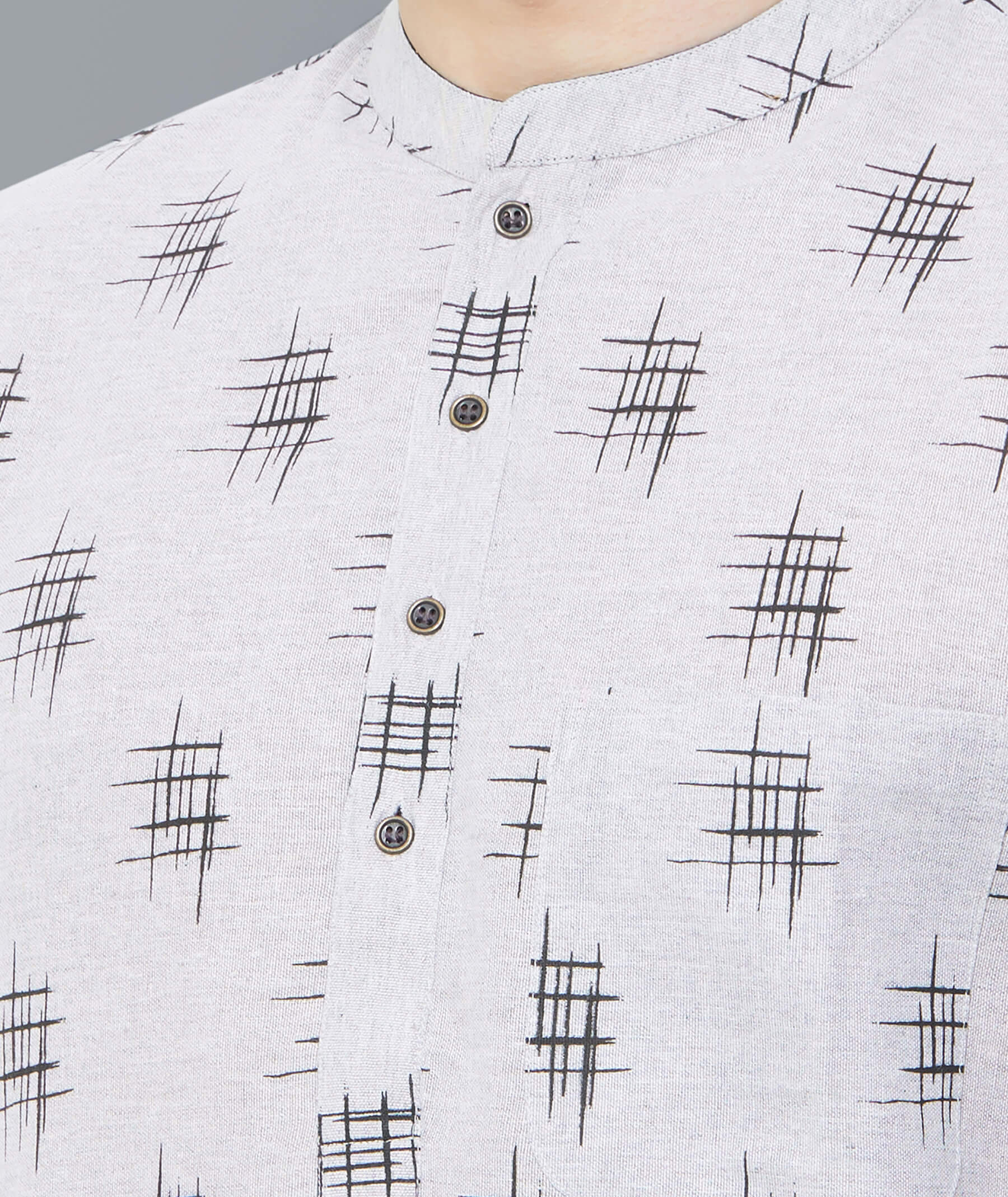 Grey color poly cotton hand block printed men short kurta - Image 3