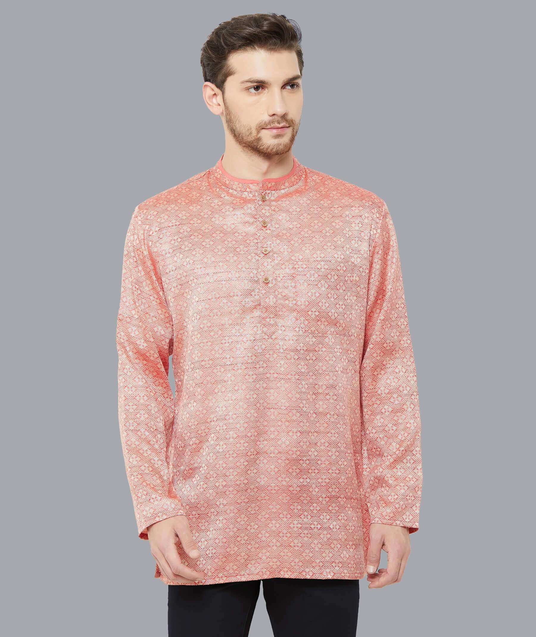 Crimson banarsi poly cotton Jacquard weave men short kurta - Image 4