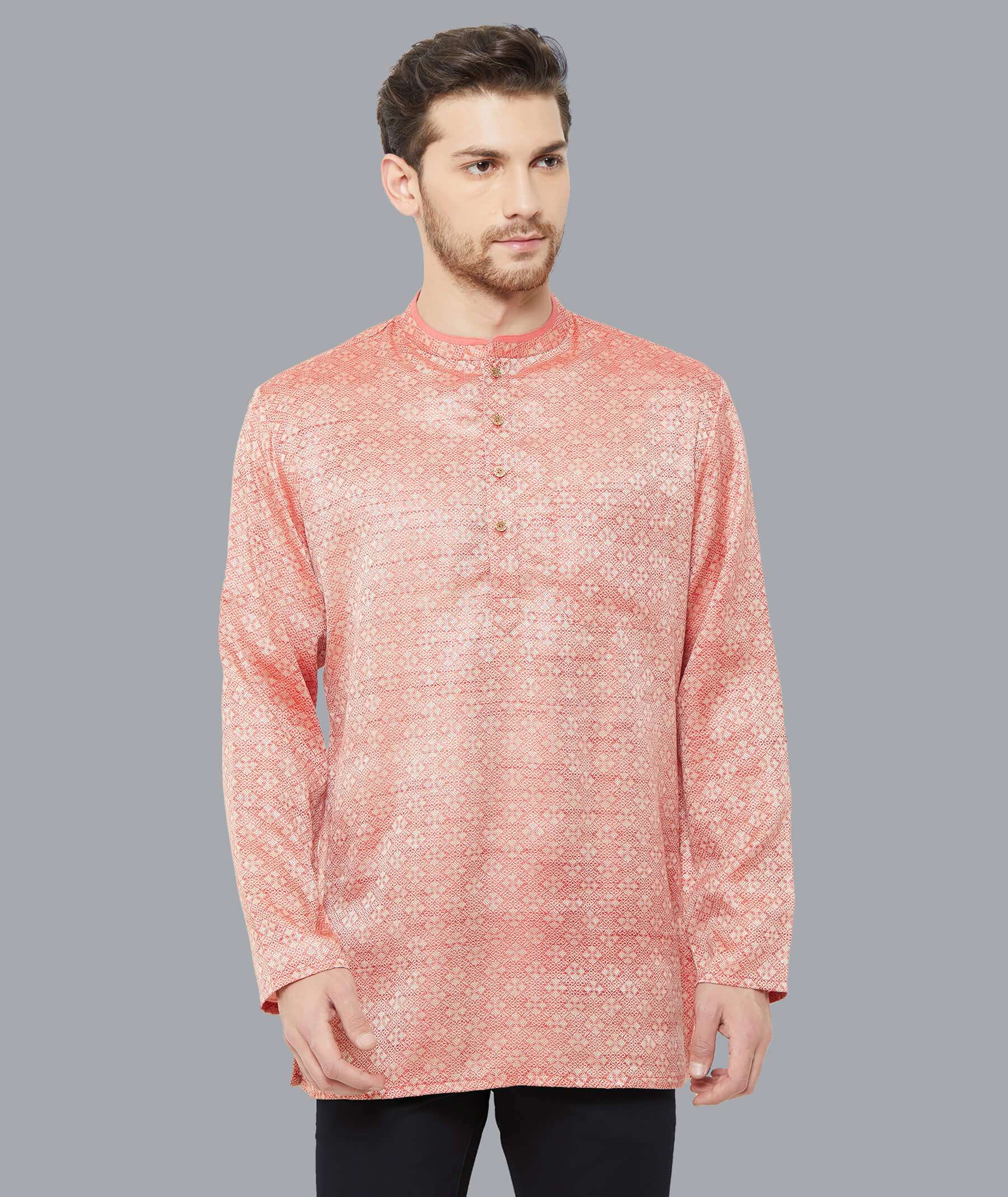Crimson banarsi poly cotton Jacquard weave men short kurta