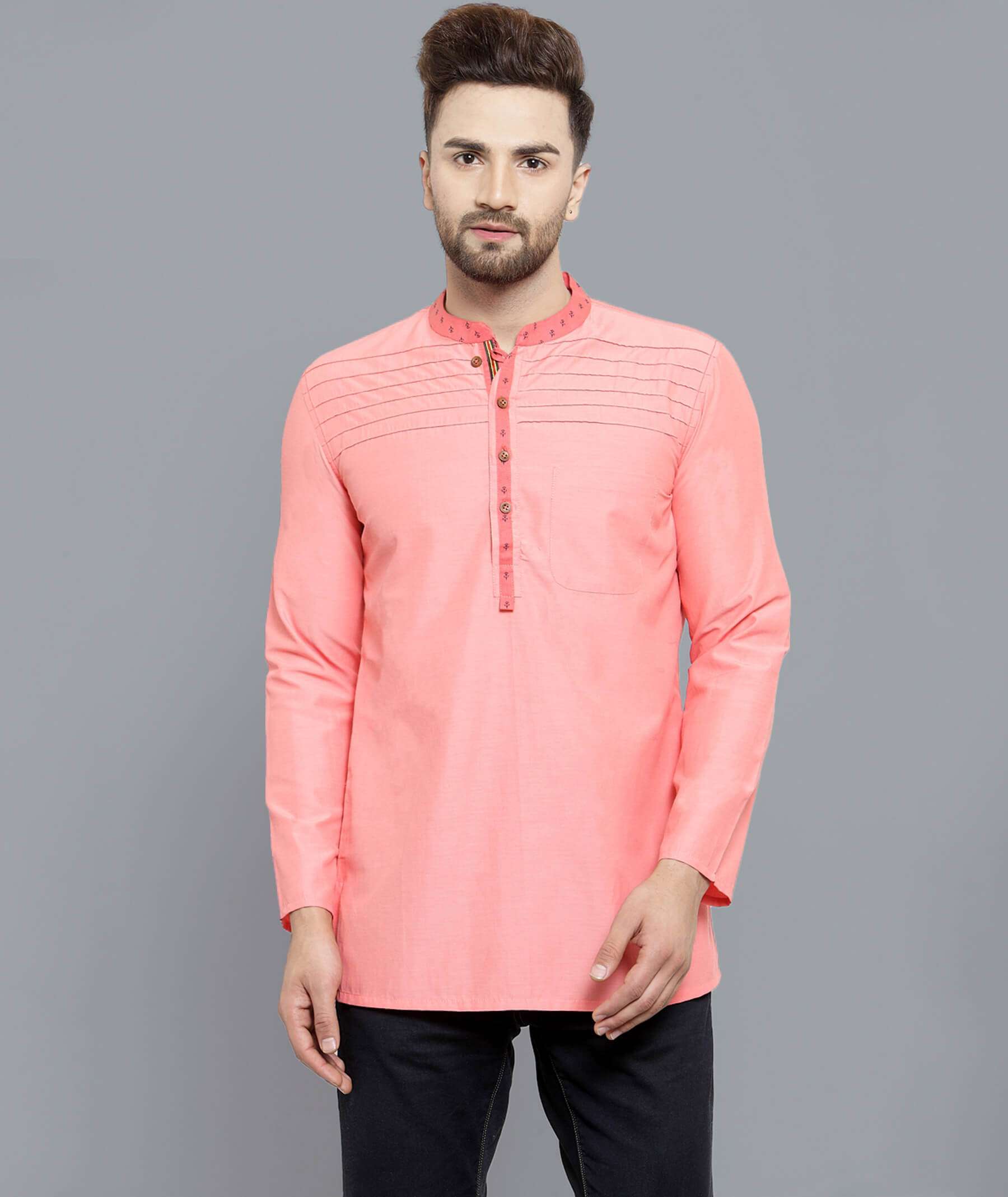 Peach color pin tucks poly cotton men short kurta