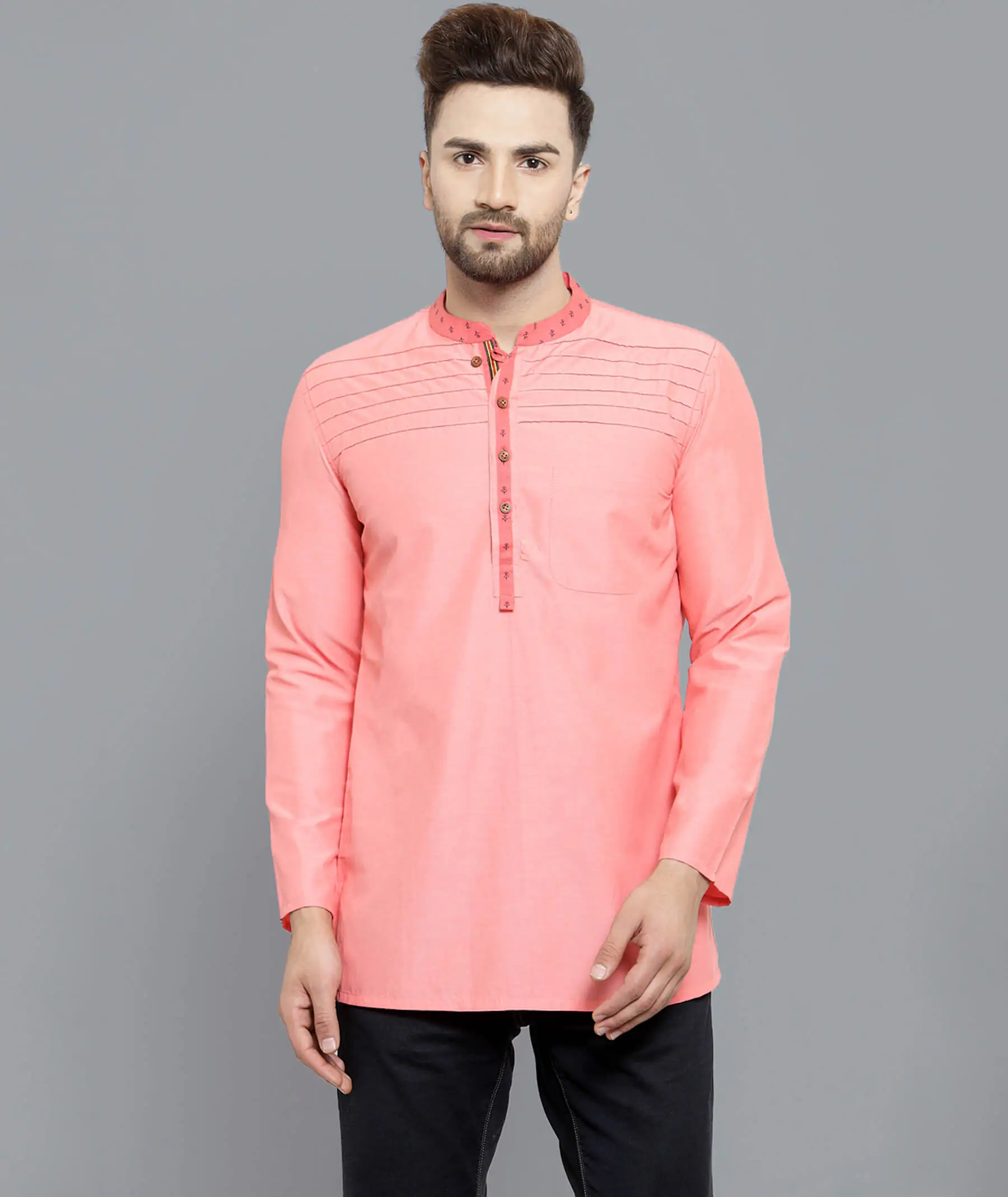 Peach color pin tucks poly cotton men short kurta