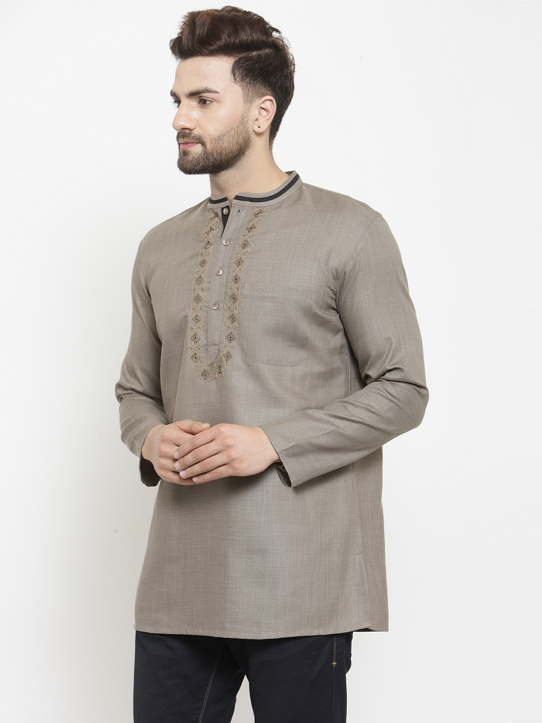 Rust color poly cotton embroidery gents short kurta - Image 3
