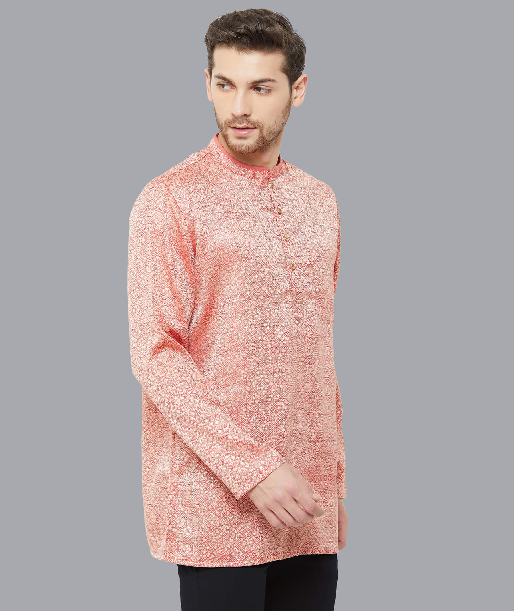 Crimson banarsi poly cotton Jacquard weave men short kurta - Image 5