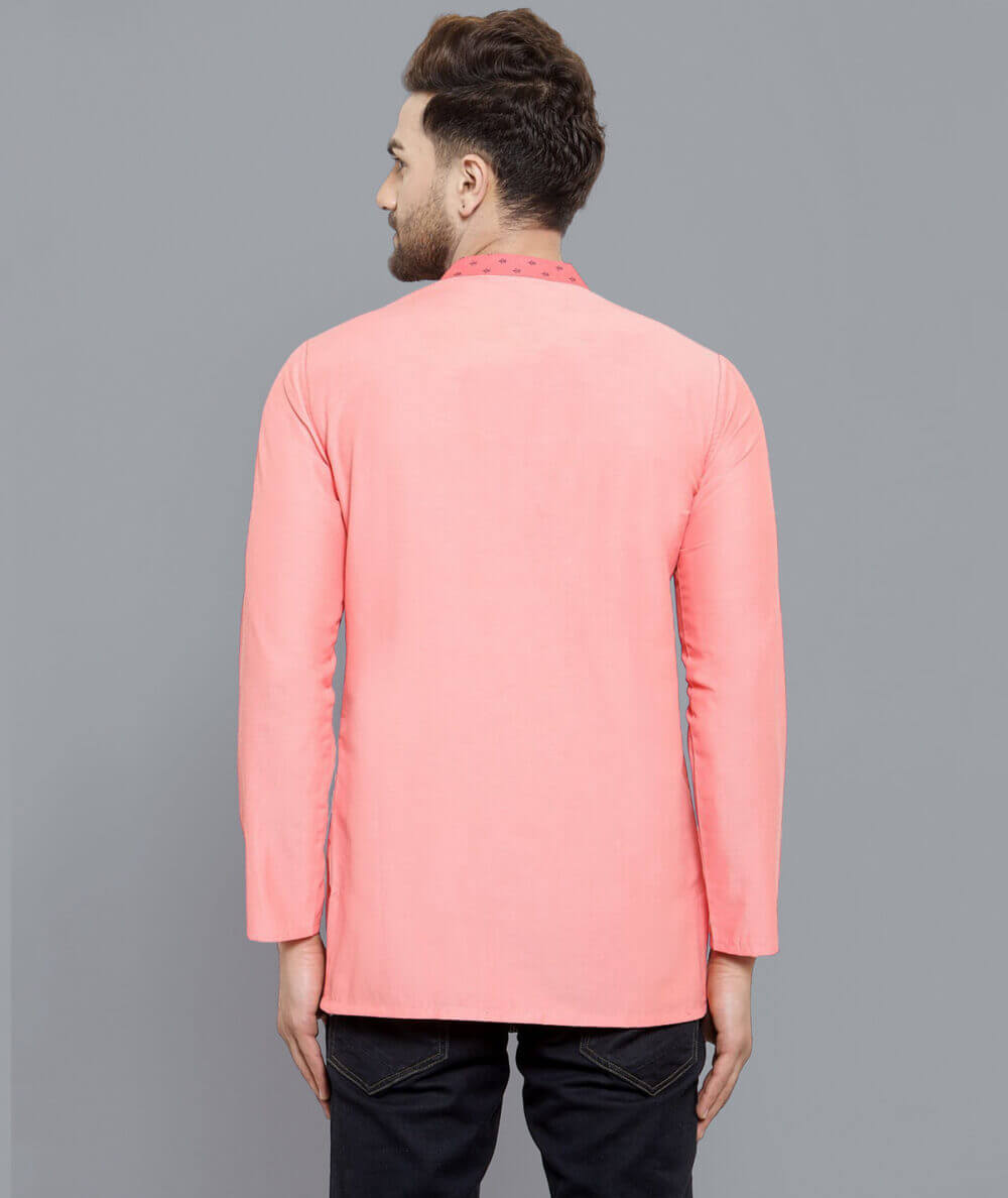 Peach color pin tucks poly cotton men short kurta - Image 3
