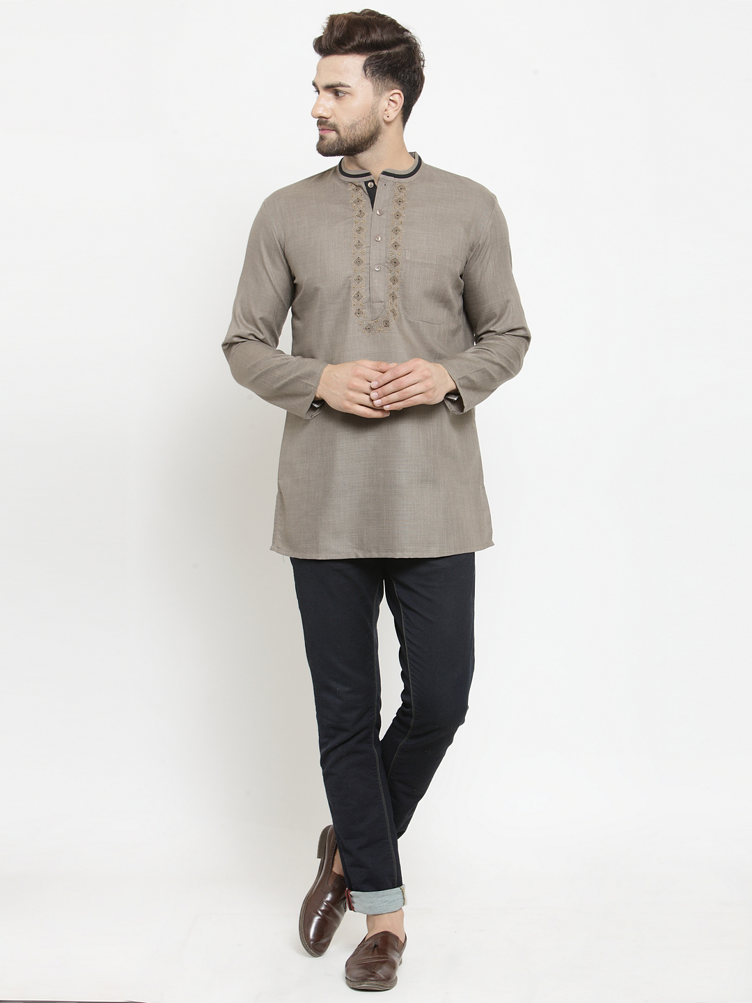 Rust color poly cotton embroidery gents short kurta - Image 4