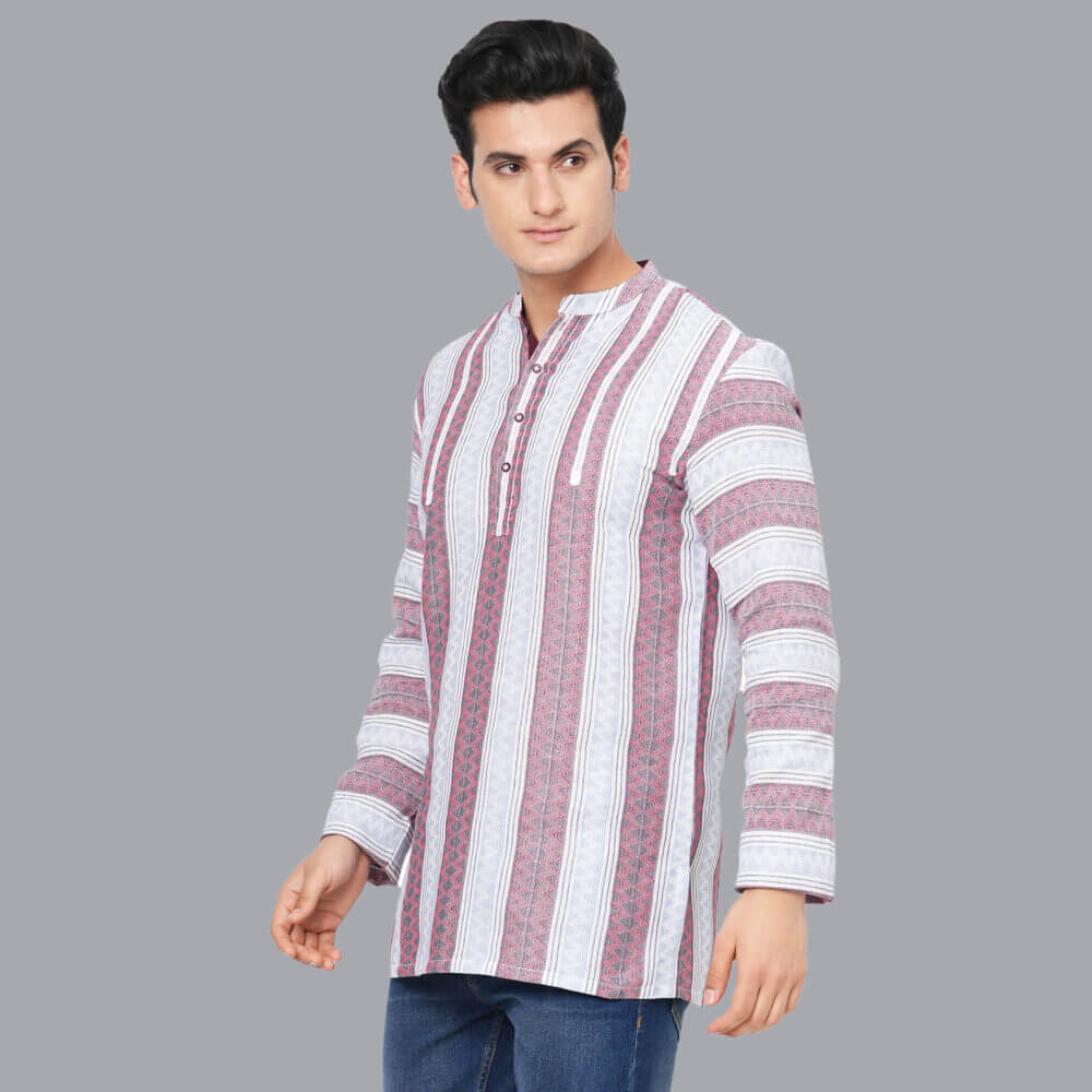 White cotton handloom red & black textured stripes men short kurta - Image 2