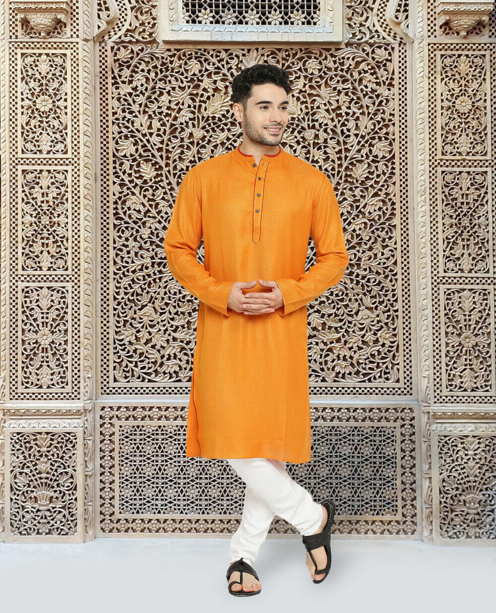 Golden Yellow color soft feel polycot textured men long kurta - Image 2