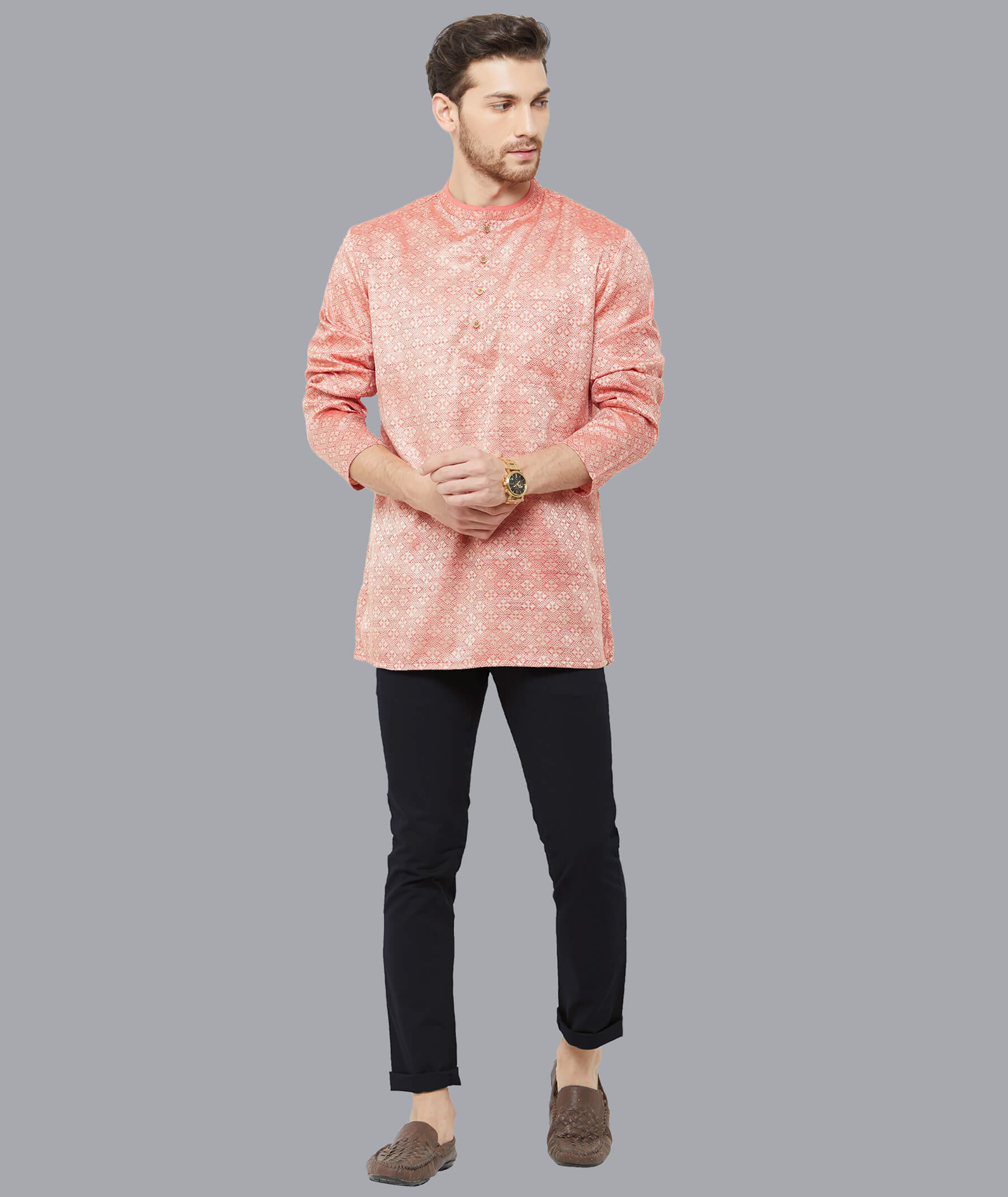 Crimson banarsi poly cotton Jacquard weave men short kurta - Image 6