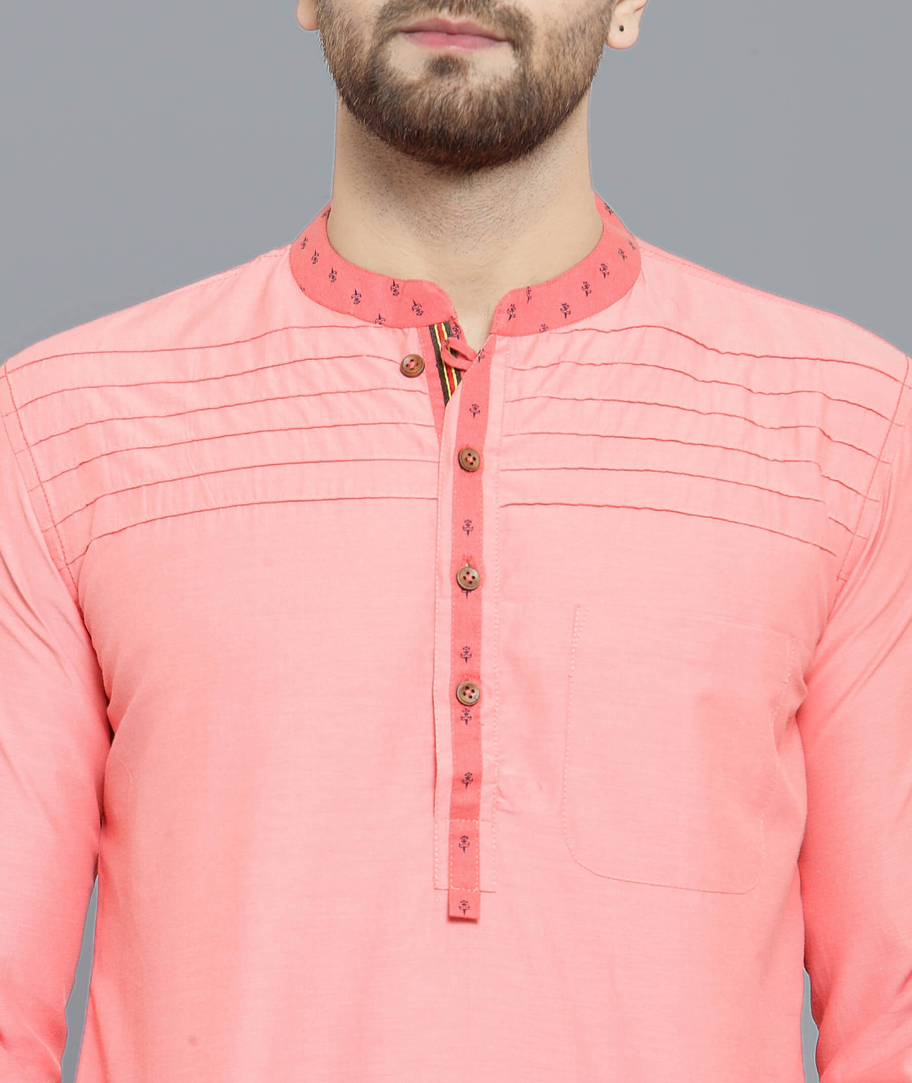 Peach color pin tucks poly cotton men short kurta - Image 4