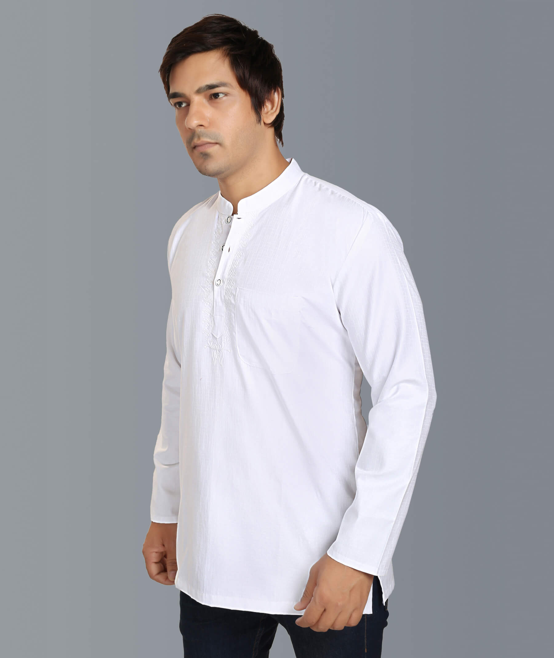 White Poly cotton Embroidered Short Kurta for Men - Image 5