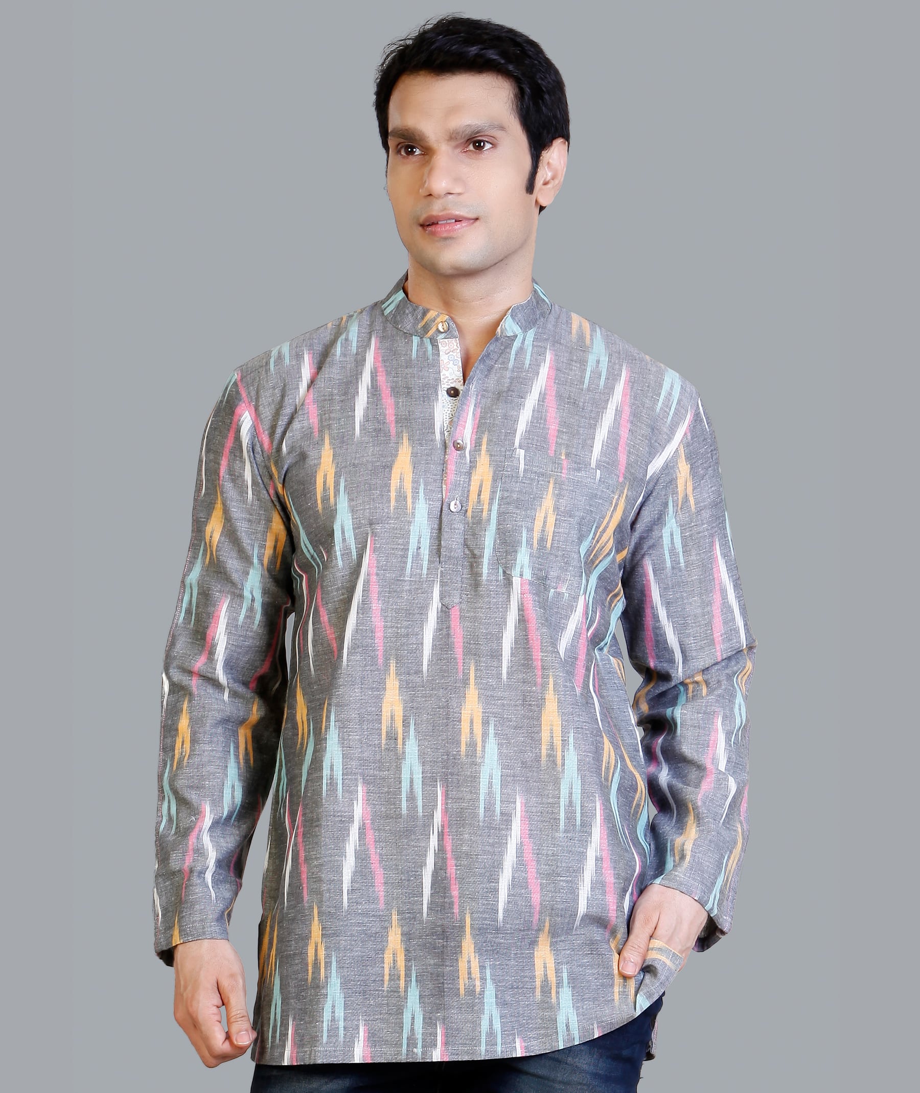 Grey cotton Ikkat handloom men short kurta