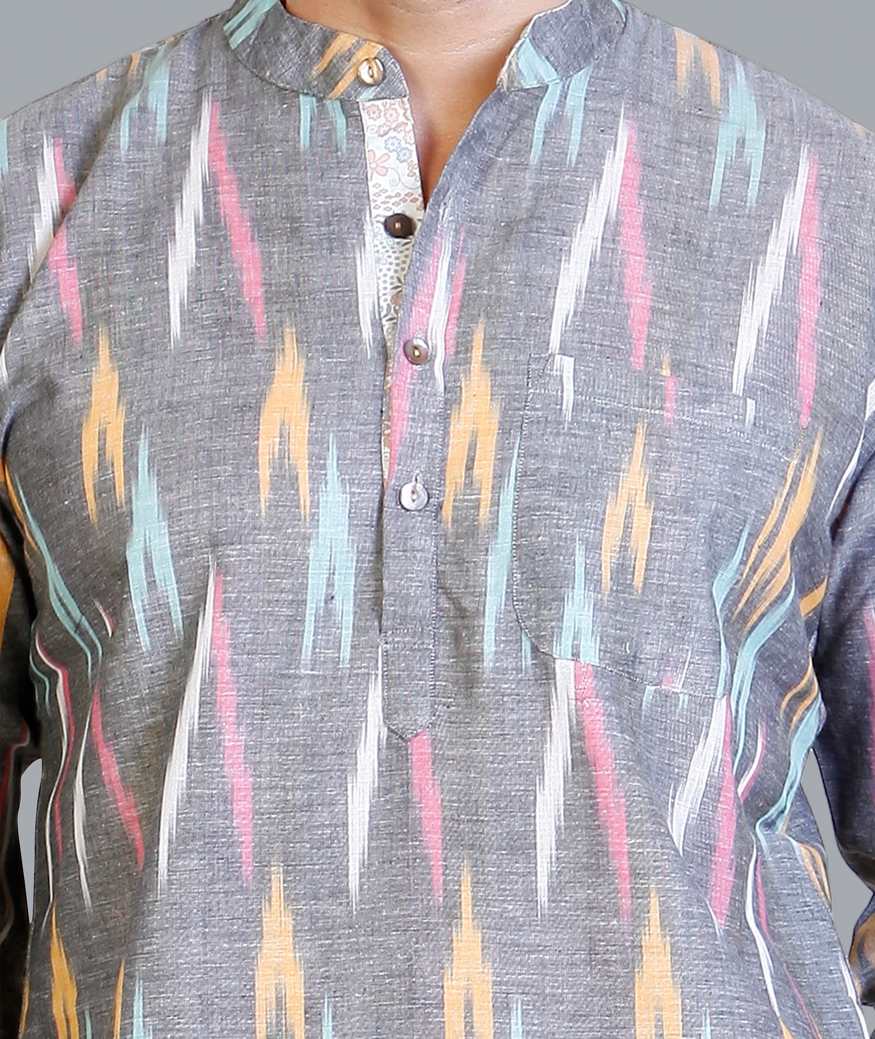 Grey cotton Ikkat handloom men short kurta - Image 5