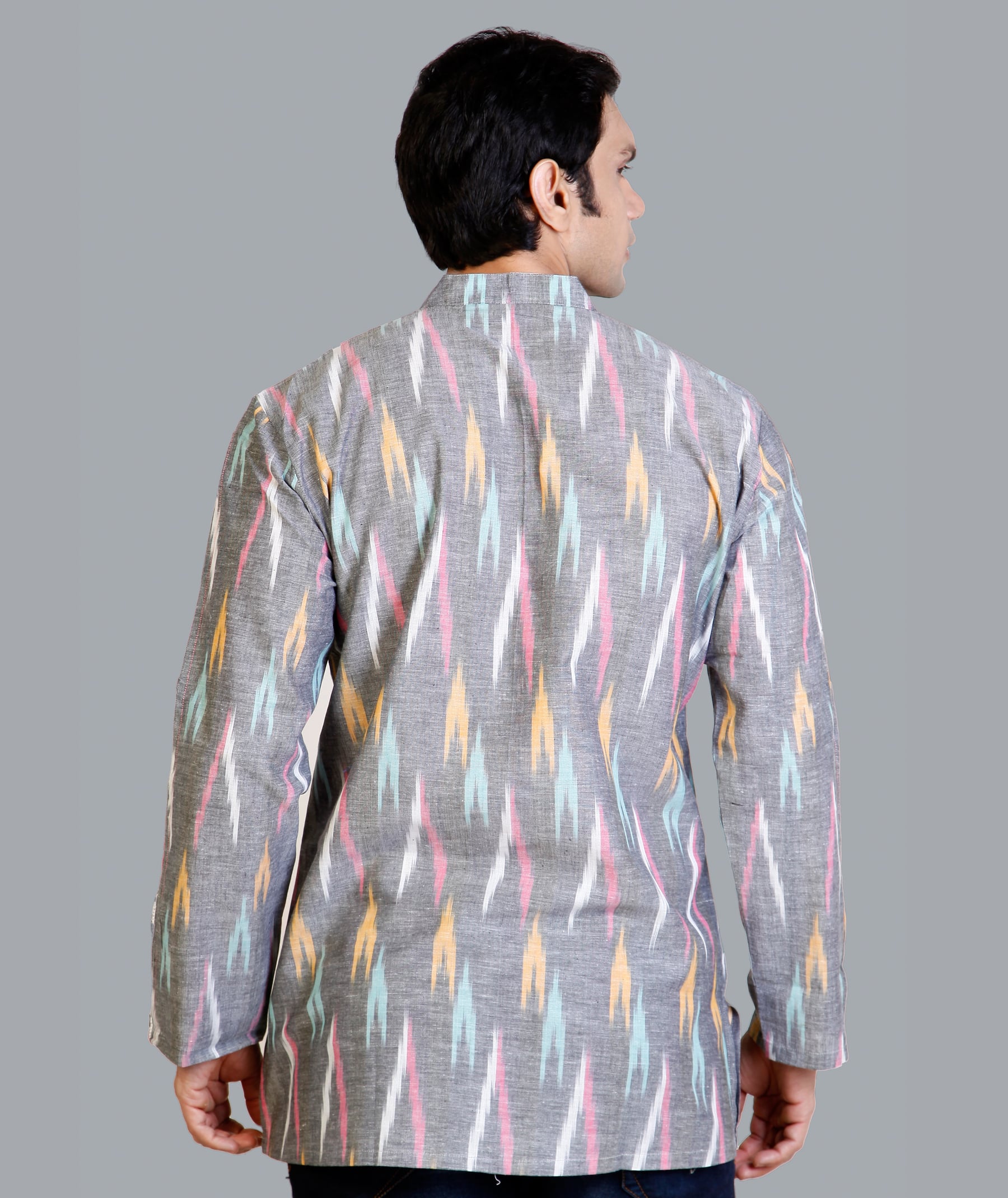 Grey cotton Ikkat handloom men short kurta - Image 7