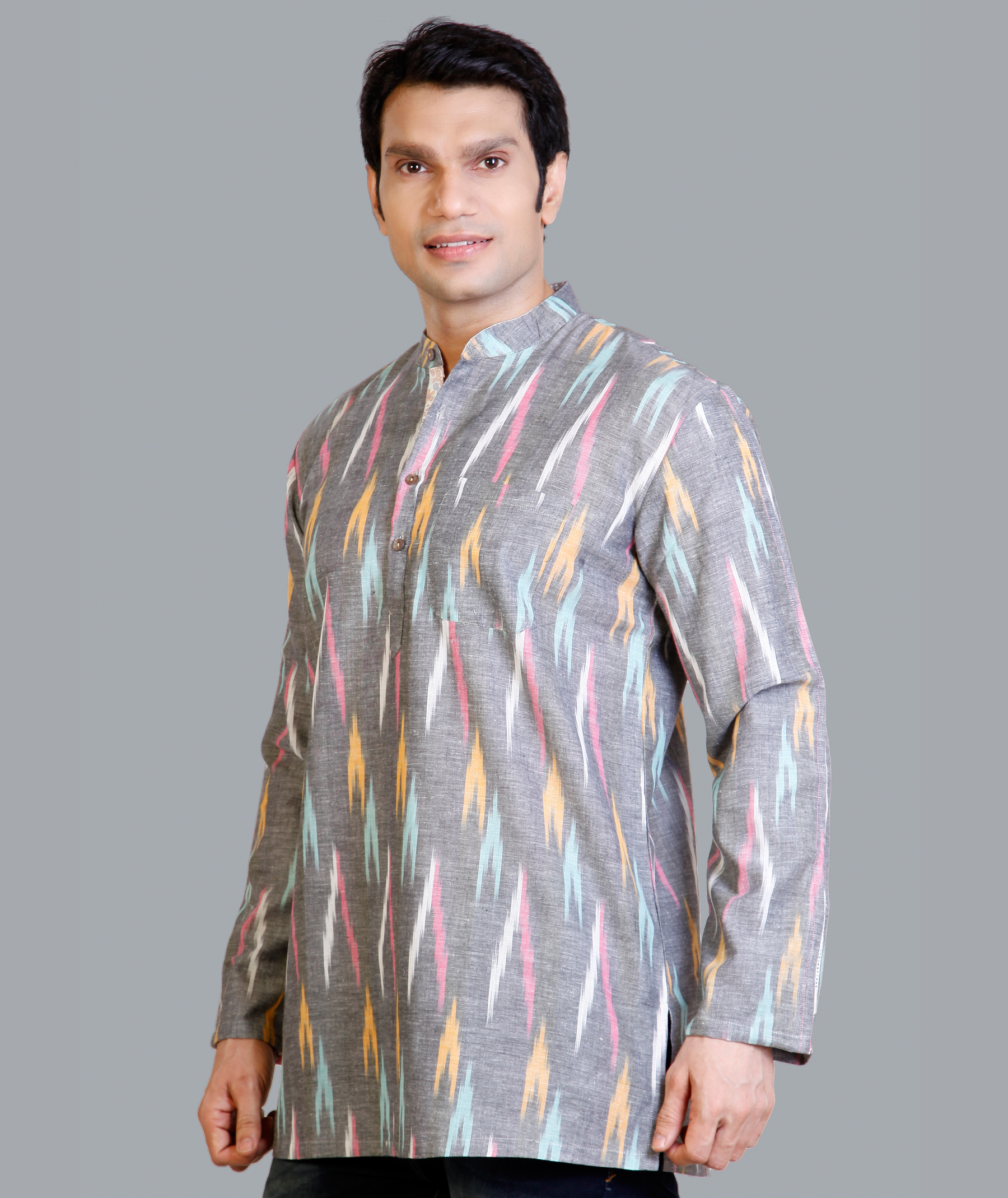 Grey cotton Ikkat handloom men short kurta - Image 6
