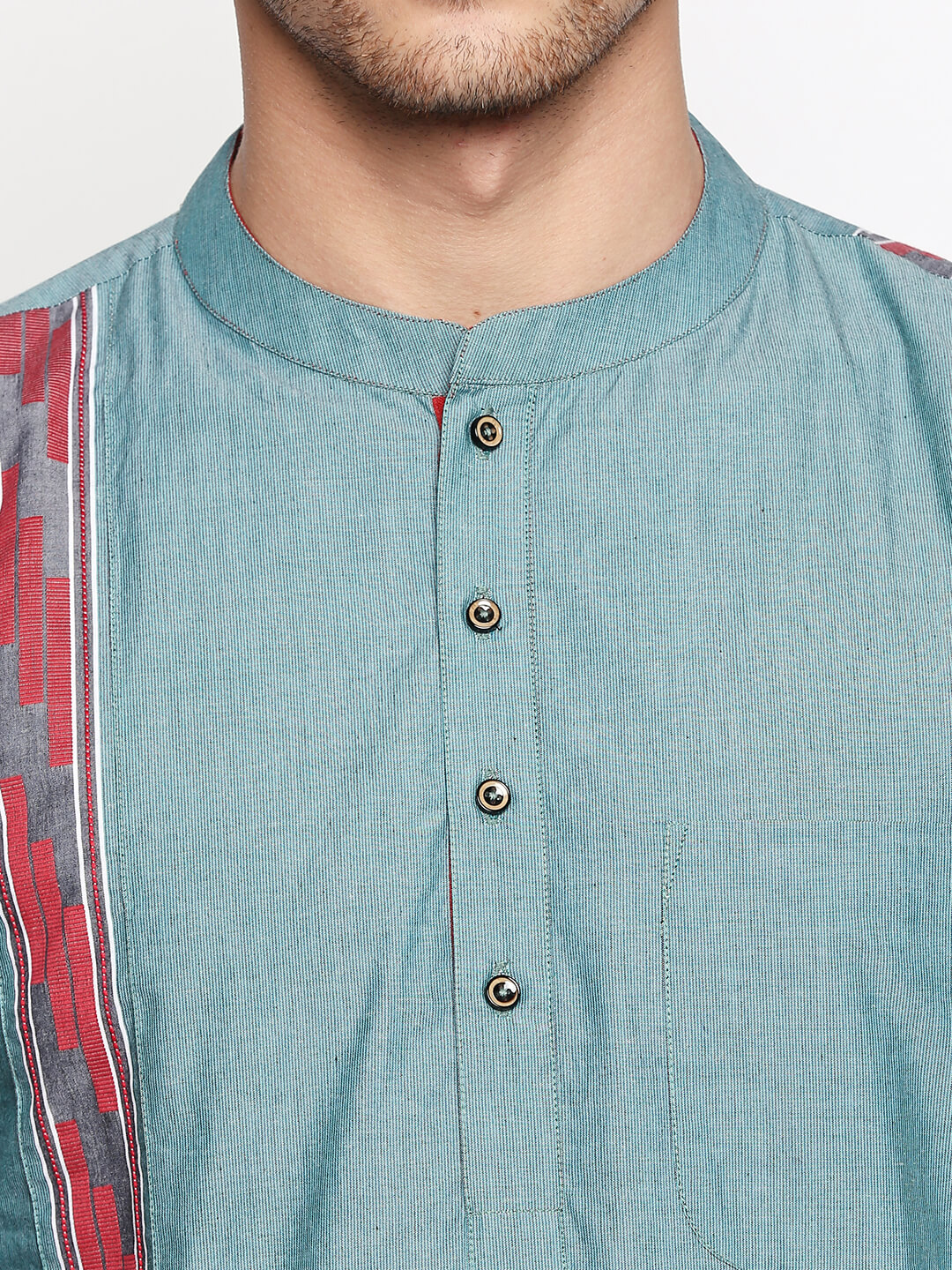 Green poly cotton digital printed red stripe men short kurta - Image 5