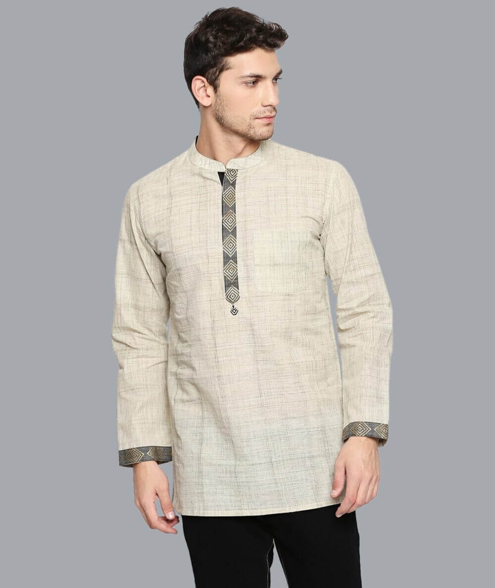 Beige cotton handloom & golden border conceal buttons men short kurta - Image 6