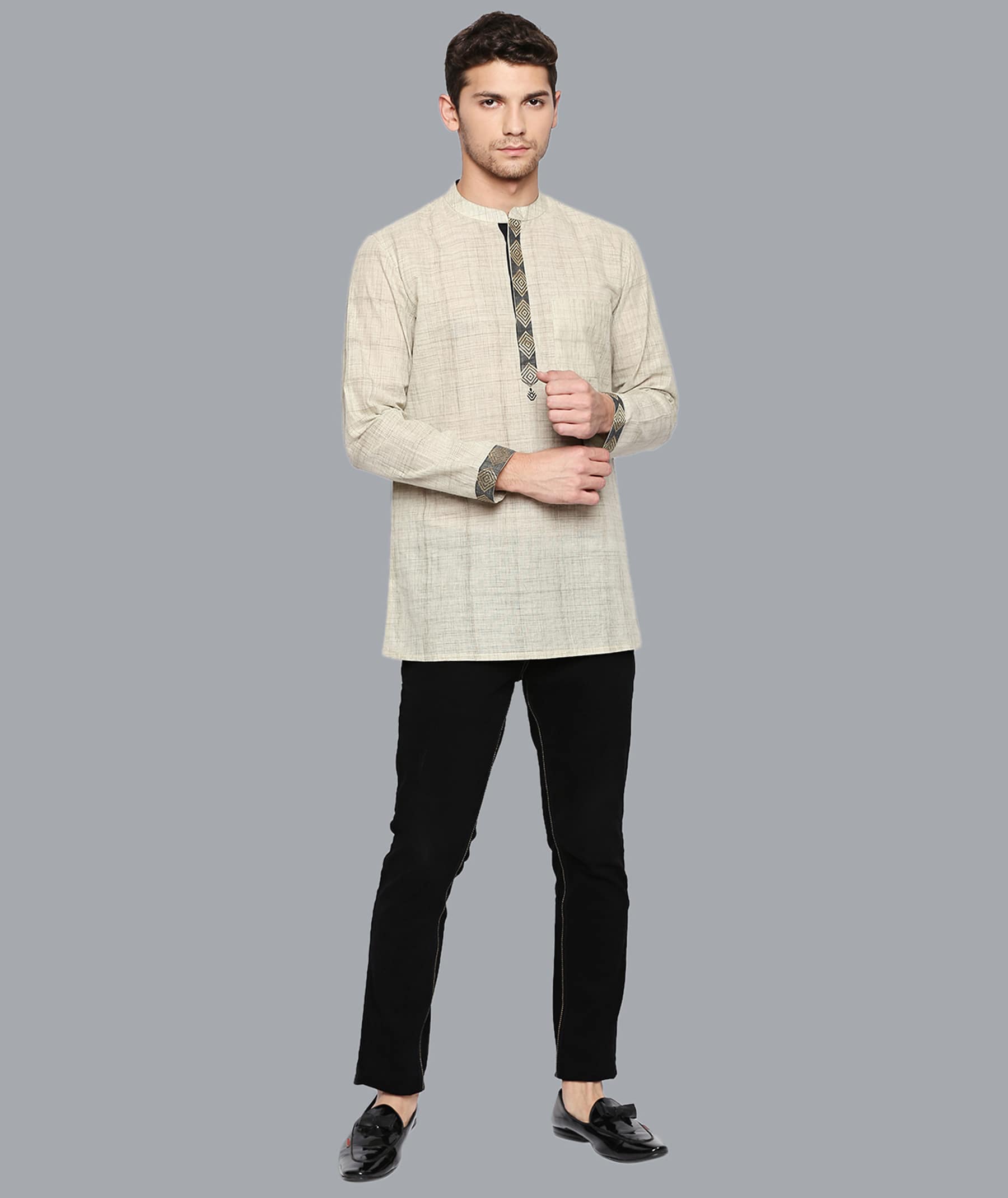 Beige cotton handloom & golden border conceal buttons men short kurta - Image 5