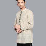 Beige cotton handloom & golden border conceal buttons men short kurta