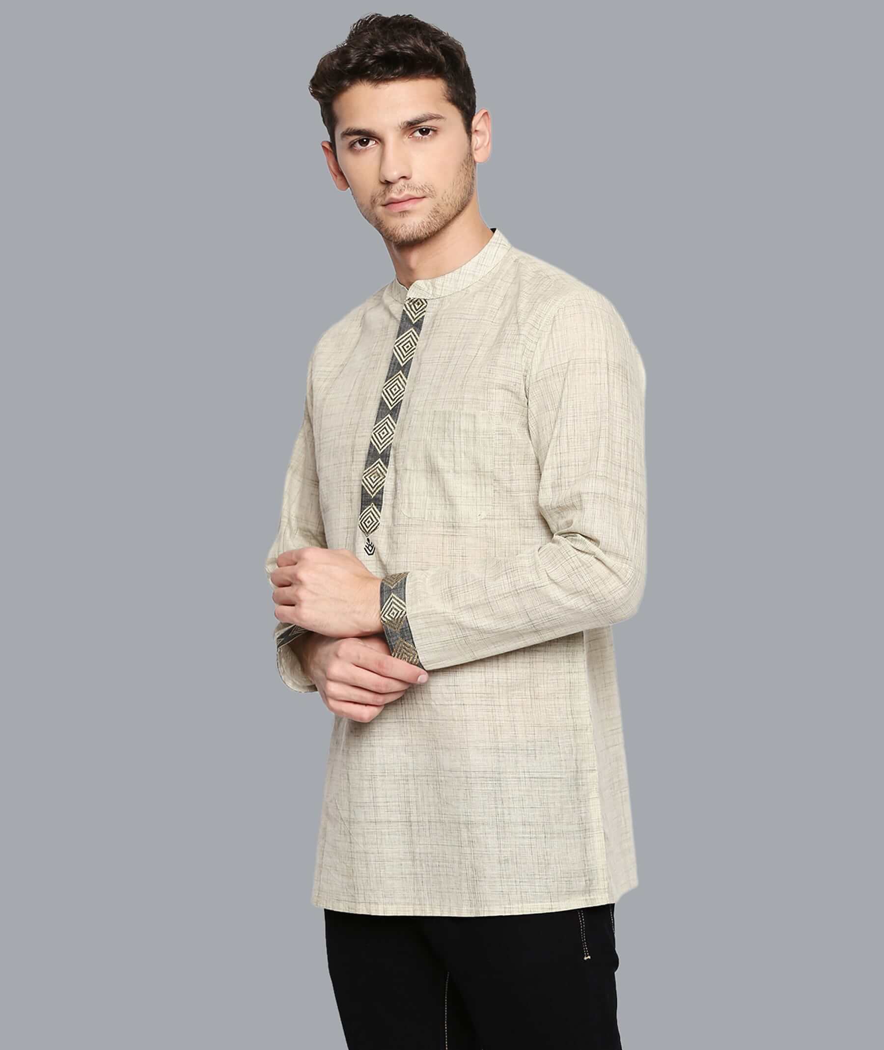 Beige cotton handloom & golden border conceal buttons men short kurta - Image 2