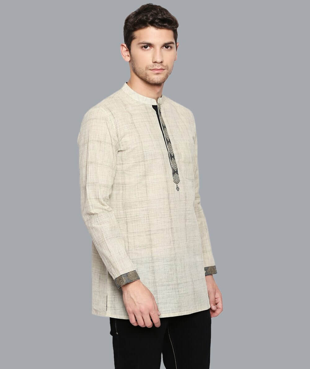 Beige cotton handloom & golden border conceal buttons men short kurta - Image 3