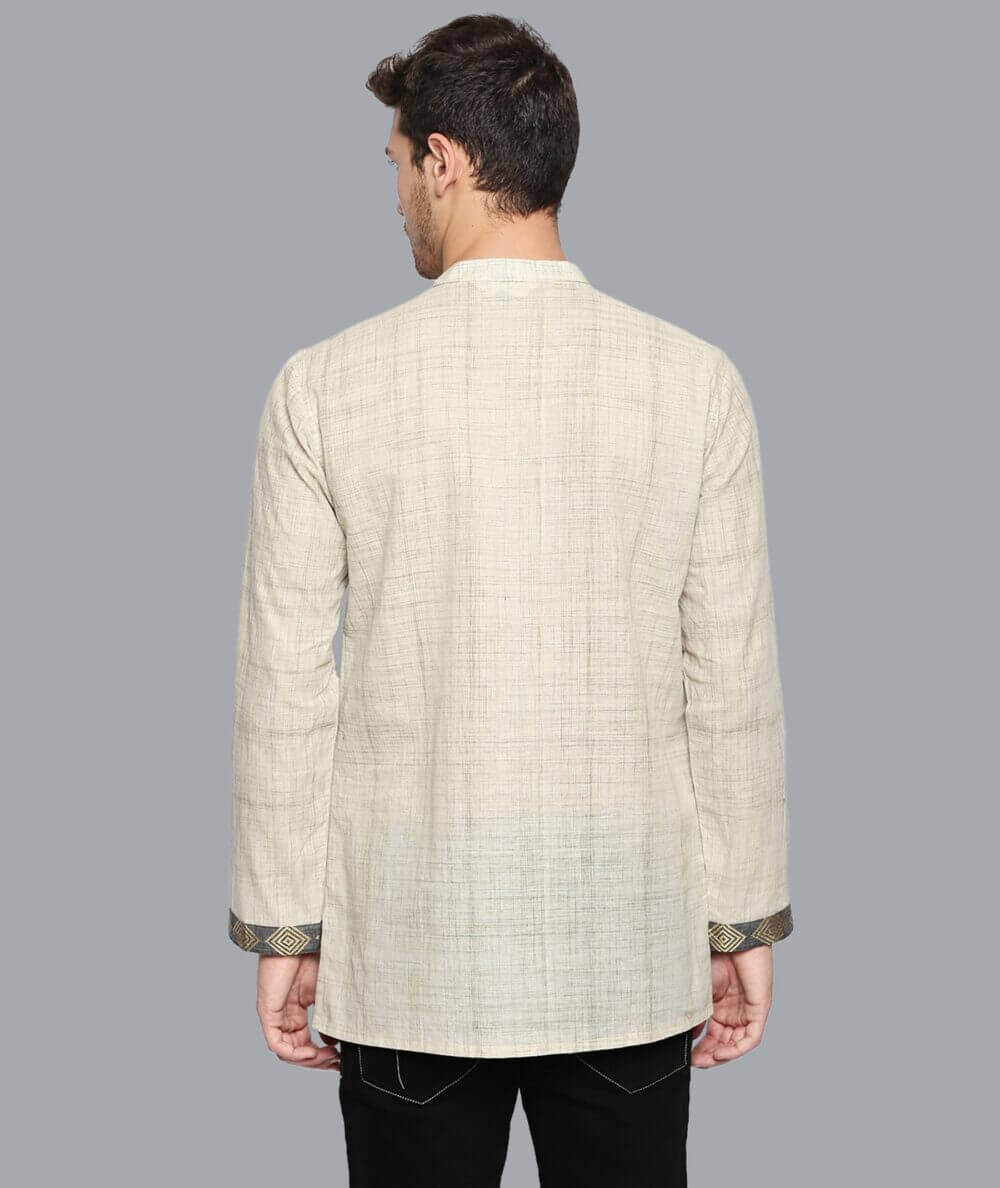 Beige cotton handloom & golden border conceal buttons men short kurta - Image 4