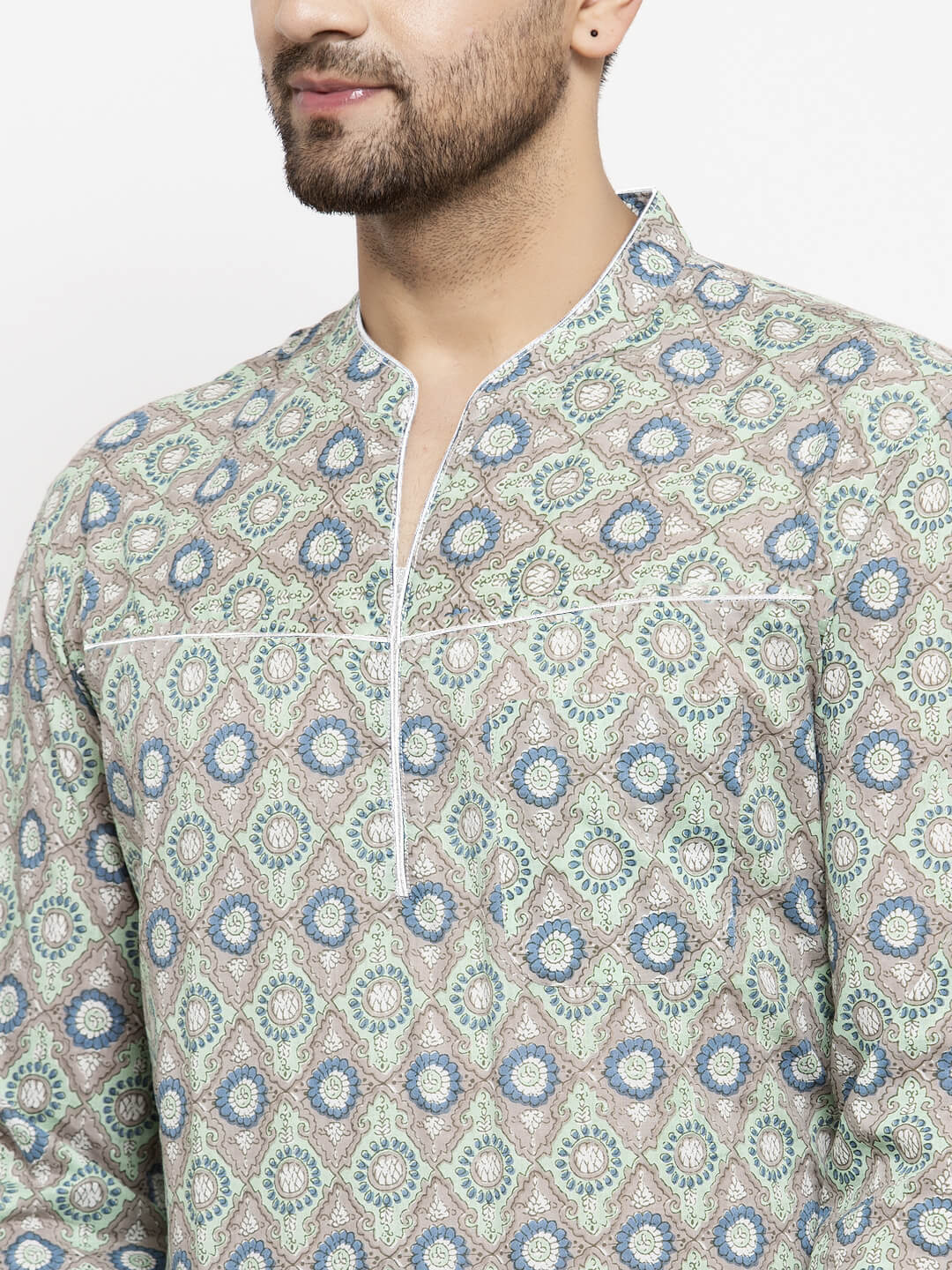 Green white cotton printed men short kurta - Image 3