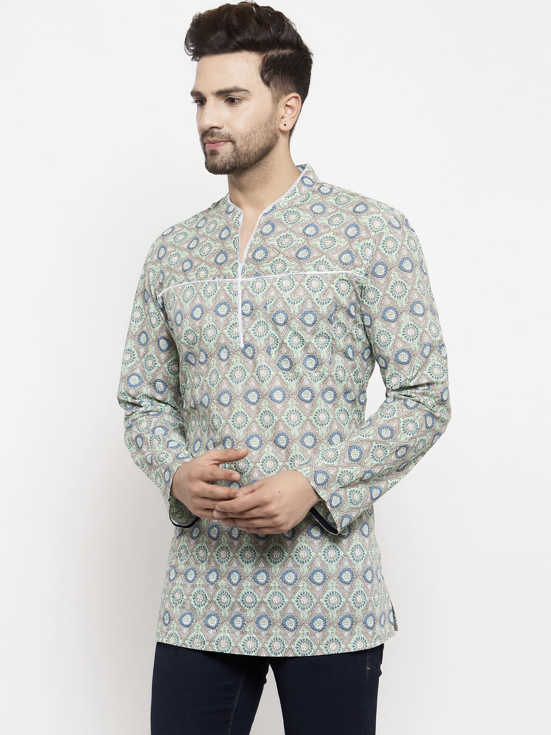 Green white cotton printed men short kurta - Image 2