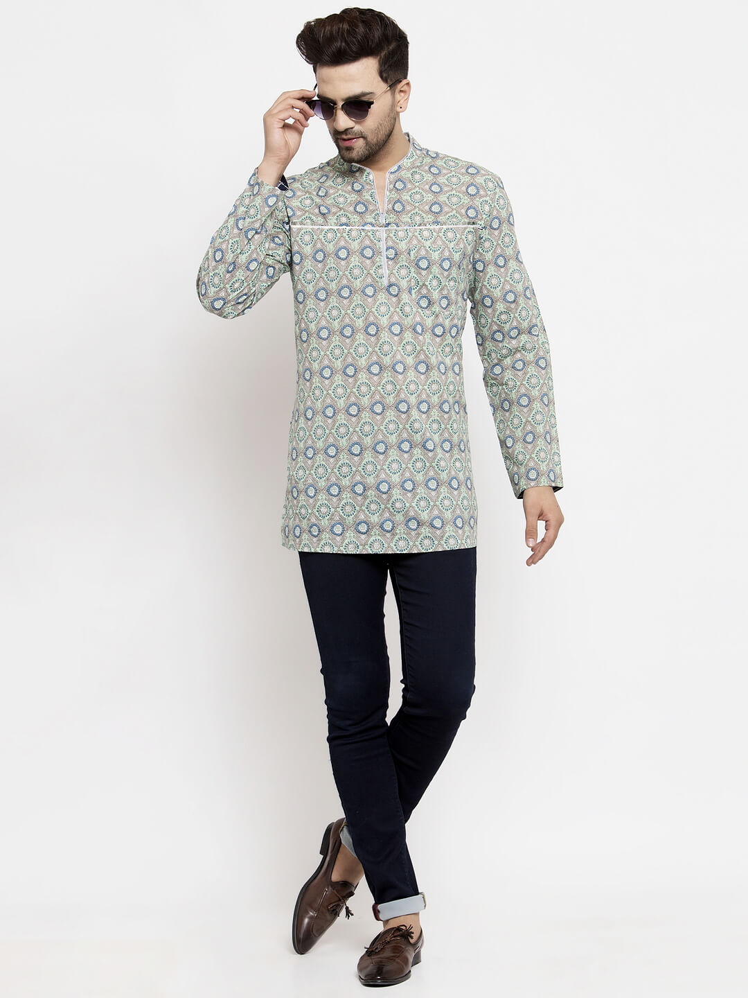 Green white cotton printed men short kurta - Image 6