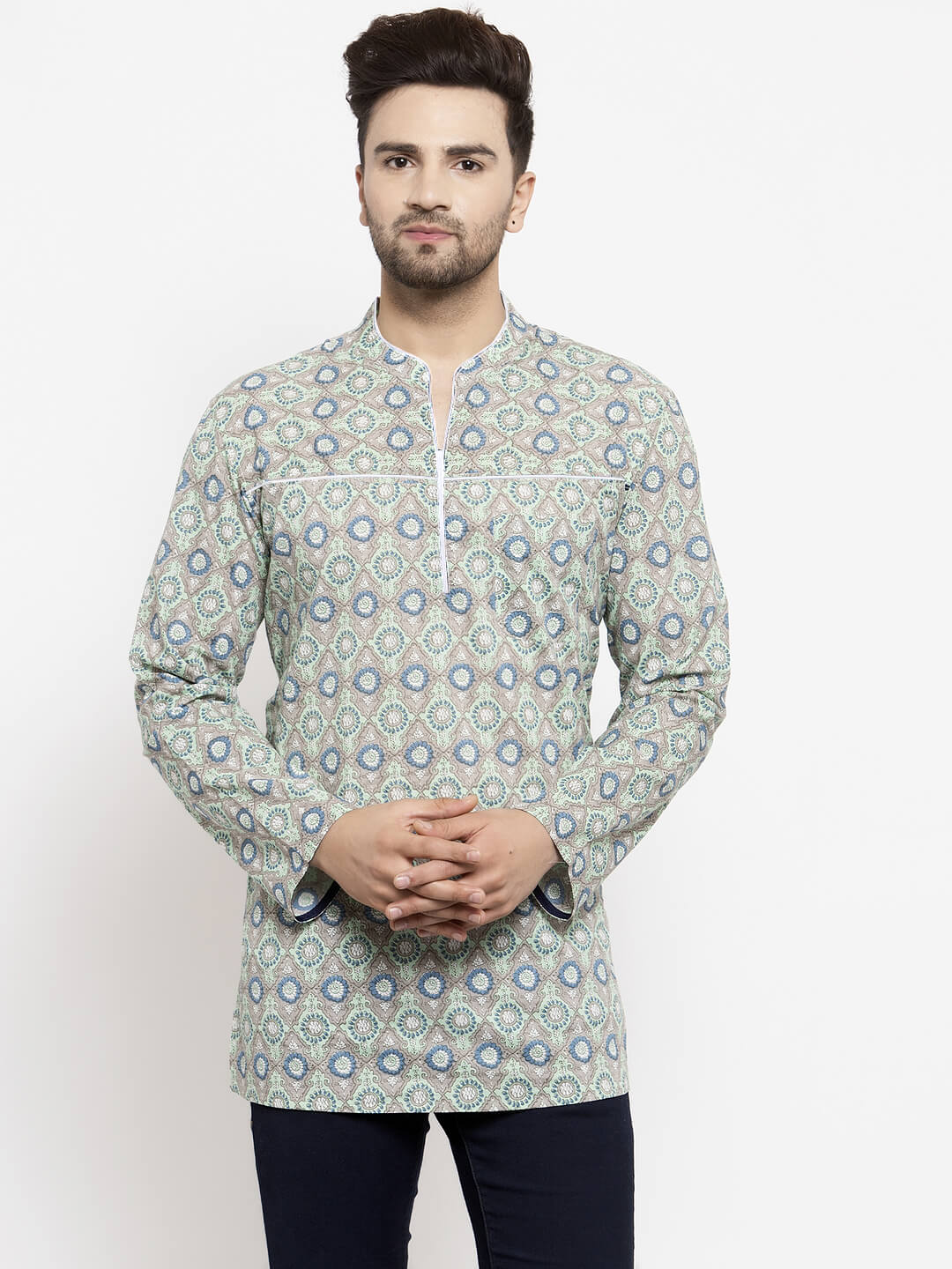 Green white cotton printed men short kurta - Image 4