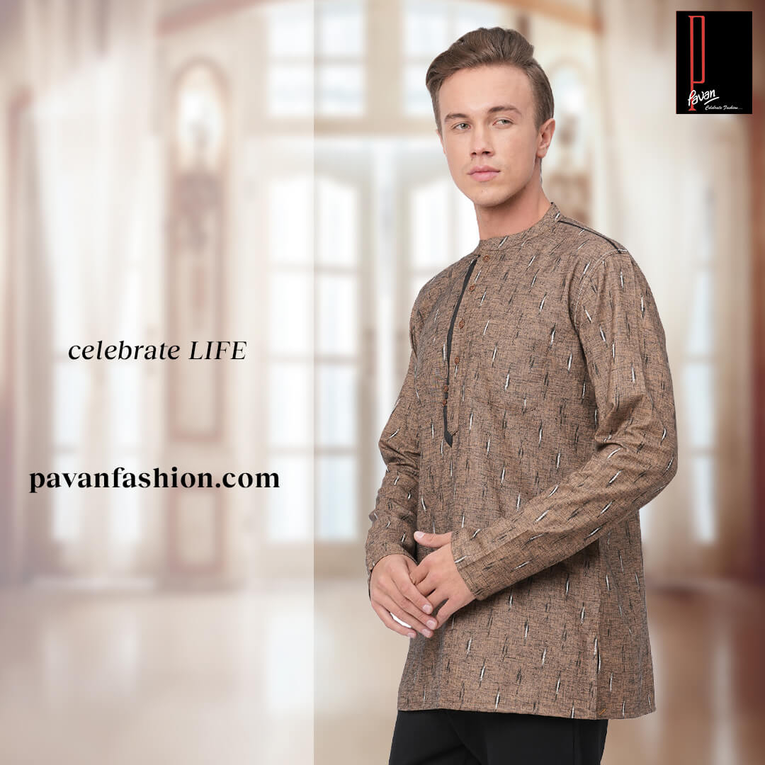 Rust color soft poly cotton block printed men short kurta - Image 6