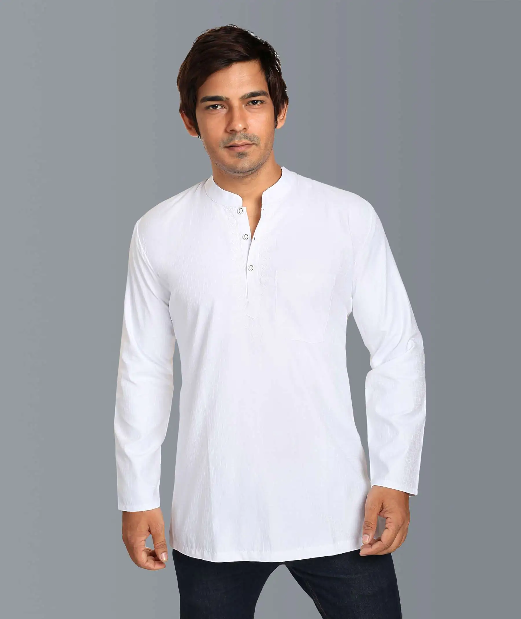 White Poly cotton Embroidered Short Kurta for Men