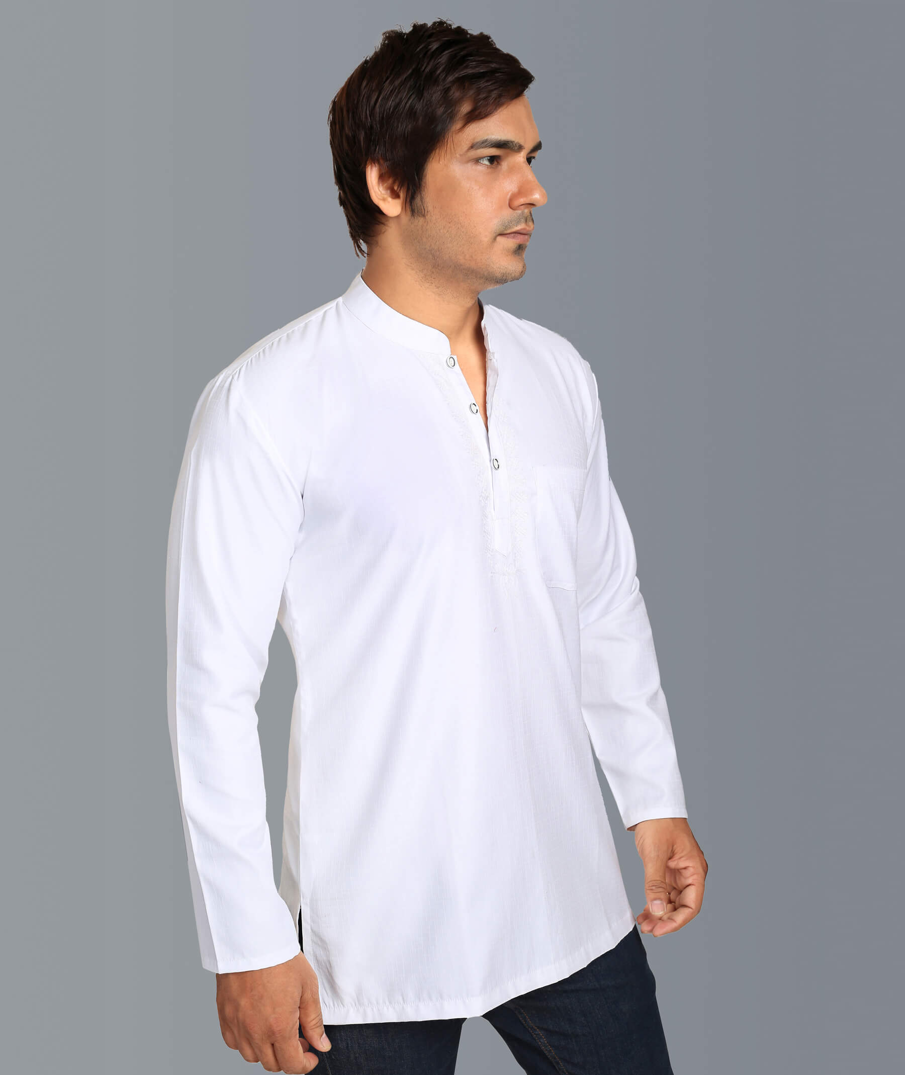White Poly cotton Embroidered Short Kurta for Men - Image 3
