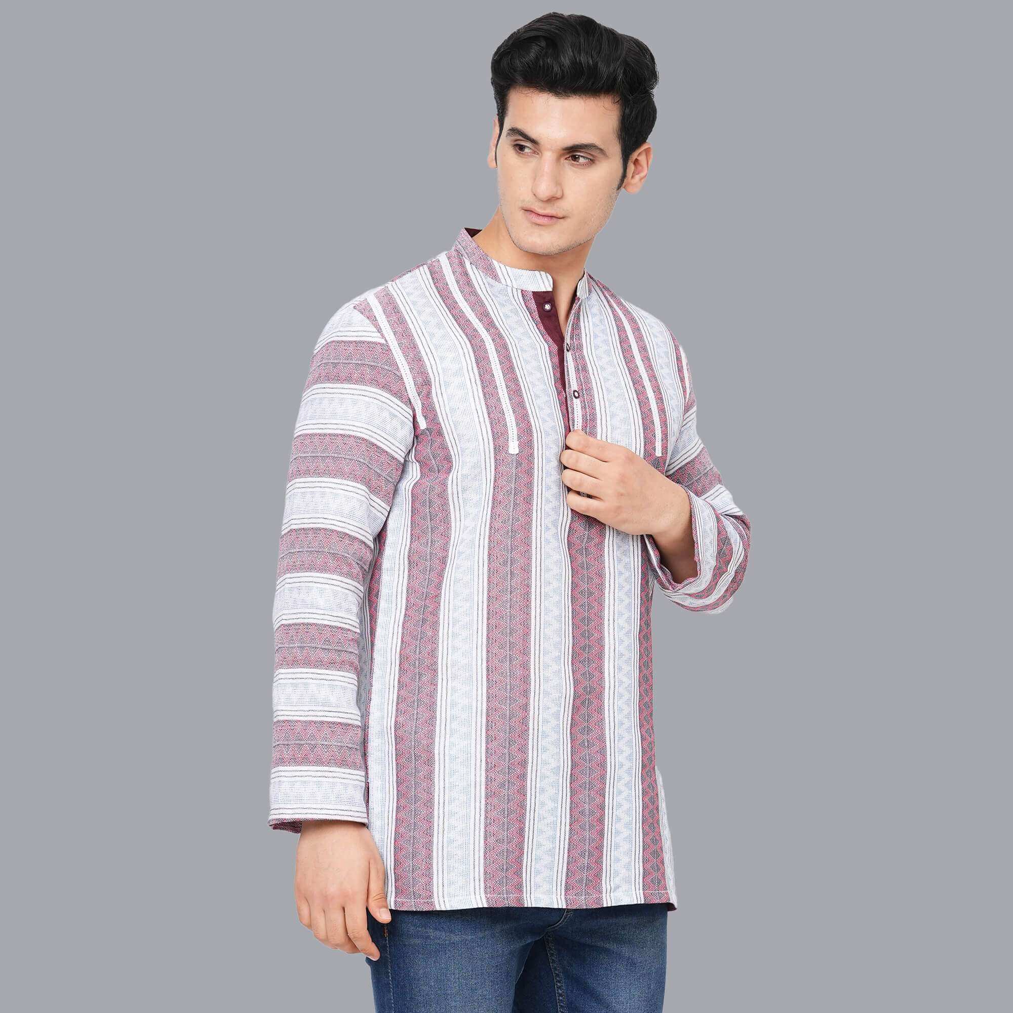 White cotton handloom red & black textured stripes men short kurta - Image 4