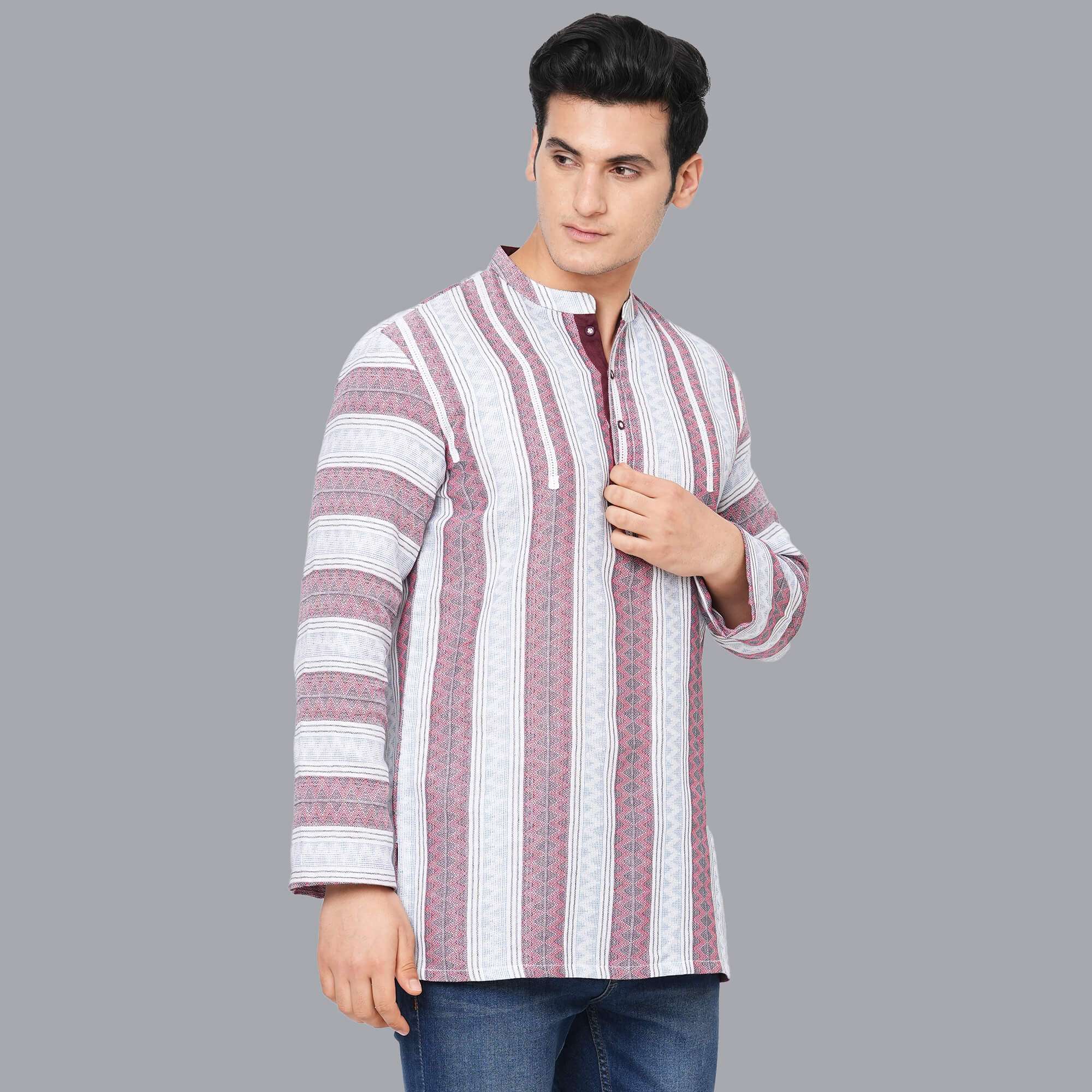 White cotton handloom red & black textured stripes men short kurta