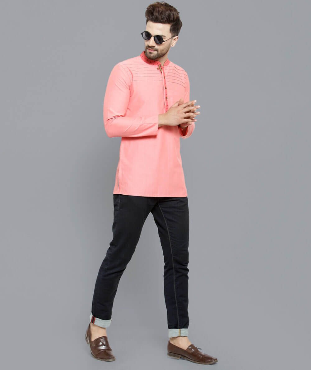 Peach color pin tucks poly cotton men short kurta - Image 5