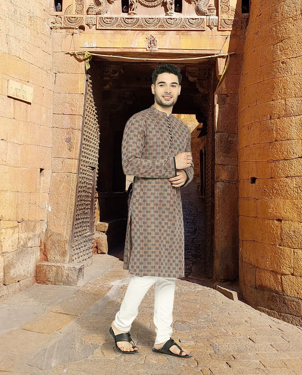 Brown color cotton multithreads checkers men long kurta - Image 5