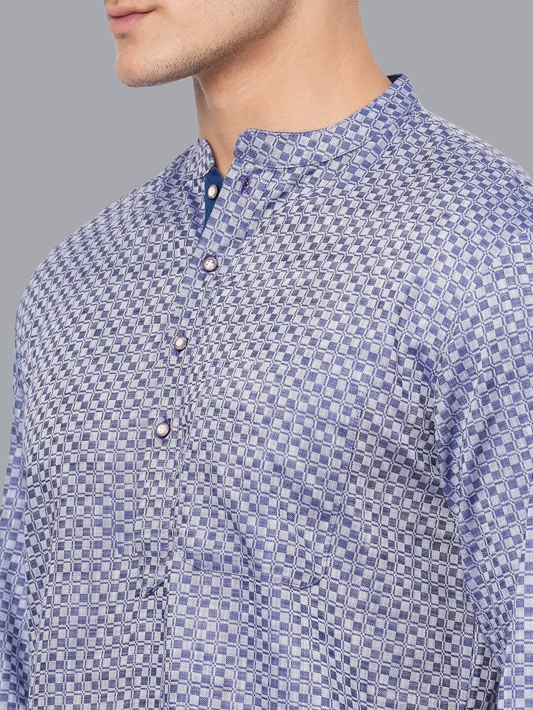 Sky blue cotton checkers men short kurta - Image 6