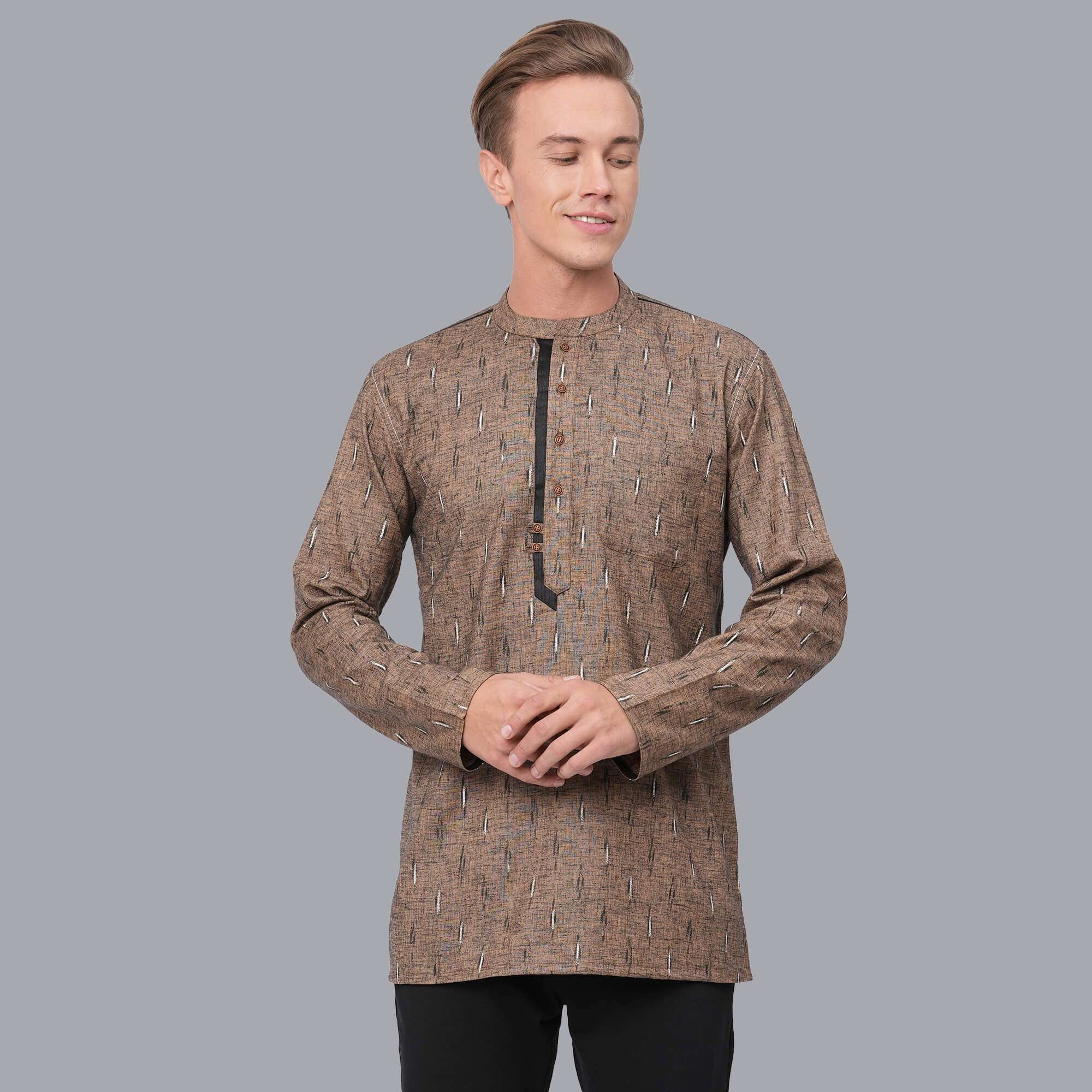 Rust color soft poly cotton block printed men short kurta