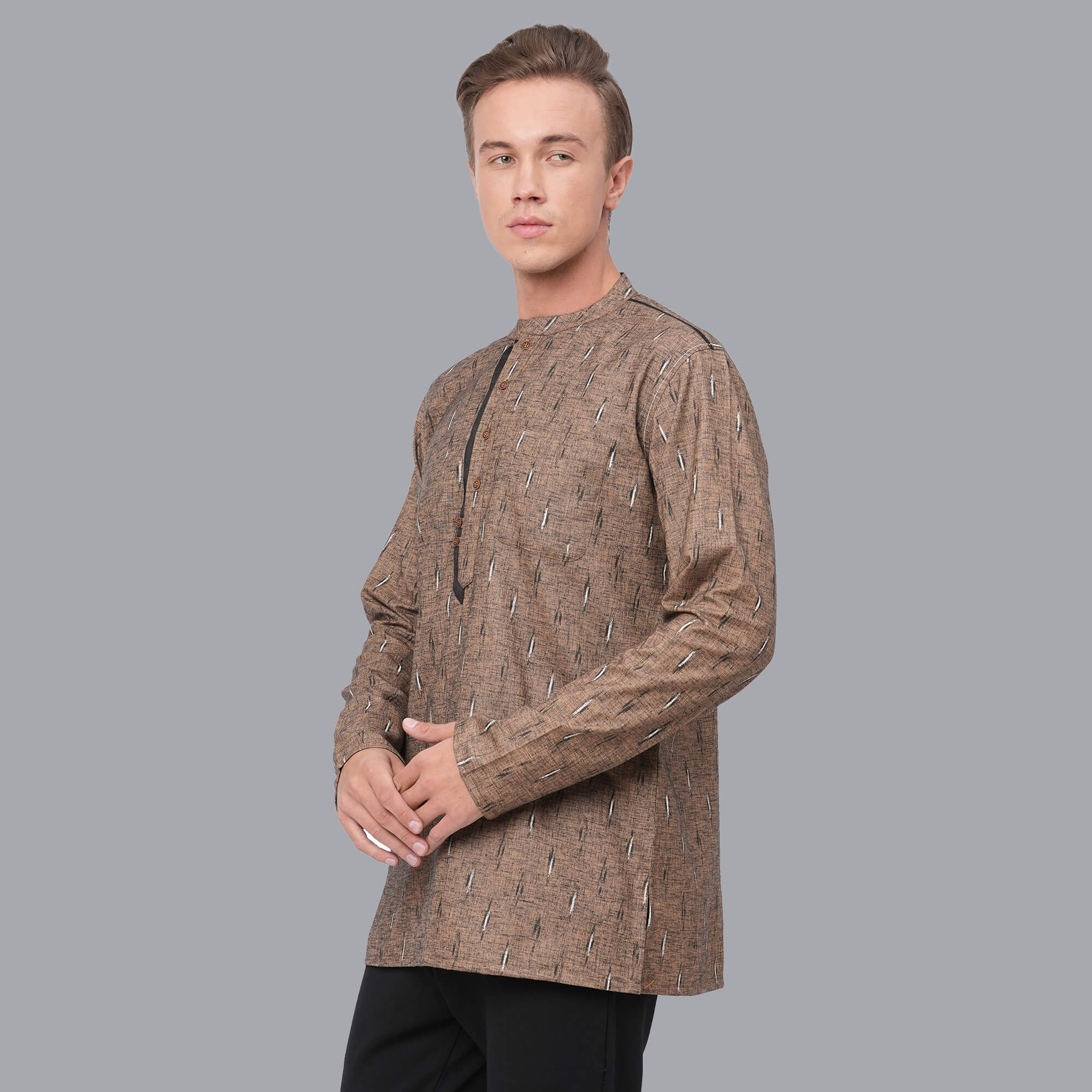 Rust color soft poly cotton block printed men short kurta - Image 5