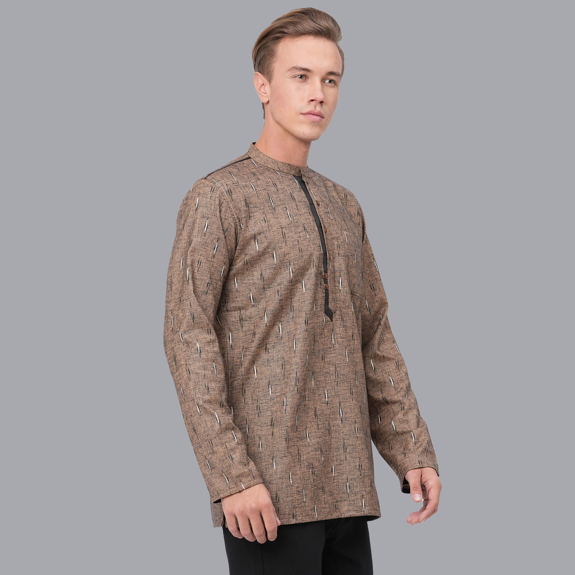 Rust color soft poly cotton block printed men short kurta - Image 2