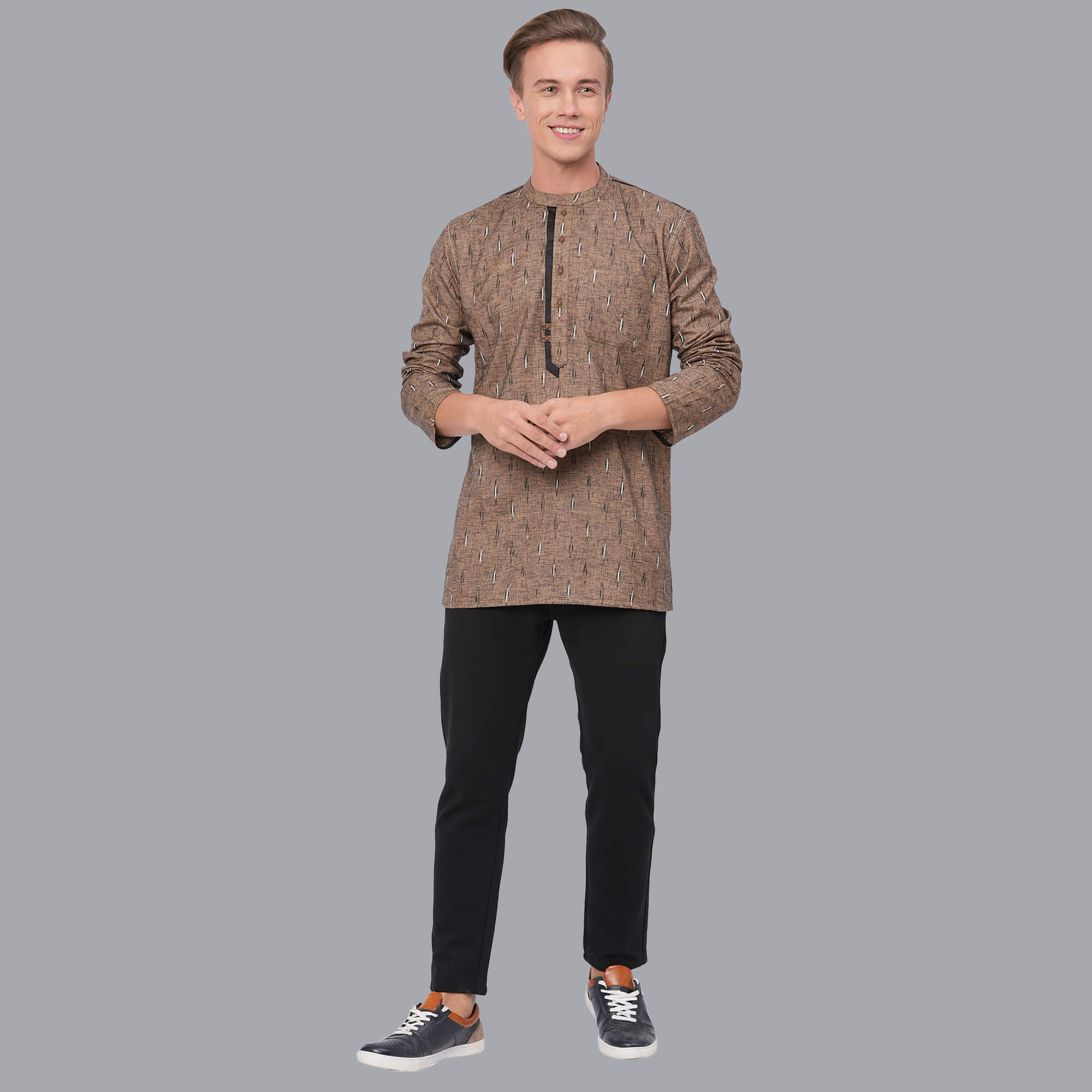 Rust color soft poly cotton block printed men short kurta - Image 8