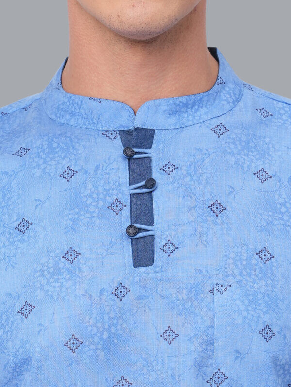 Sky blue color soft poly cotton block printed loop button short kurta - Image 4